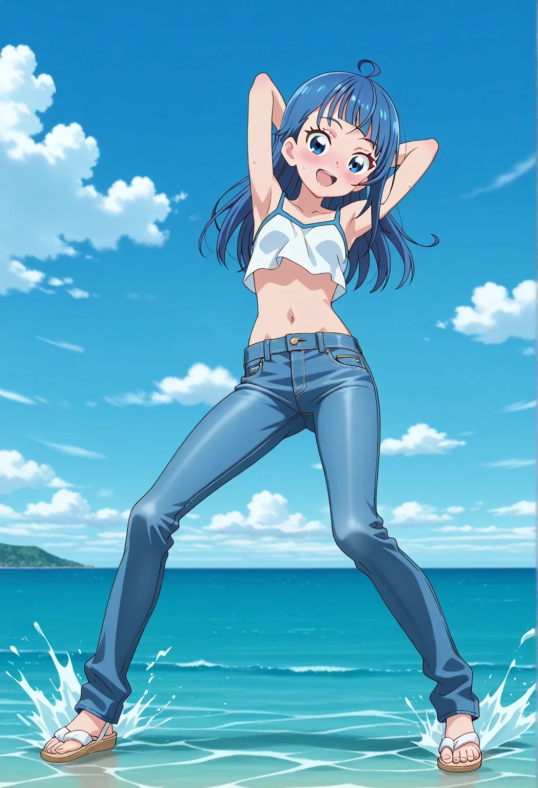 score_9, score_8_up, score_7_up, source_anime, highres, hi res, ((best quality, top quality, perfect quality, Highest Quality, amazing quality)), {{masterpiece}}, {{an extremely delicate and beautiful}}, 2d, intricate details, official style, anime, 8k, anime style, official_anime, official art, digital painting, cell shading, soft shading, high resolution, soothing tones, Subdued Color, Soft cinematic light, adobe lightroom, photolab, HDR, intricately and hyper-detailed, ((high quality animation)), 1 girl, Alone, solo, ((ocean)), tsunami, on the water, day, sunny, outdoors, sky, windy, sora harewataru, Hirogaru Sky! Precure, blue eyes, blue hair, ((long hair:1.4)), ahoge, anime screencap, small breasts, white camisole top, crop top, white crop top, best quality, hyper-detailed jeans, ((blue jeans:1.9)), (dark blue jeans:0.6), full medium body, medium shot, Open mouth, smiling, happy face, blush, sweat, standing, ((arms behind head:6.0)), ((hair separate from arms:3.5)), bowlegged, sliding pose, action, looking at viewer, spread legs, Bend knees slightly, straight-on front view