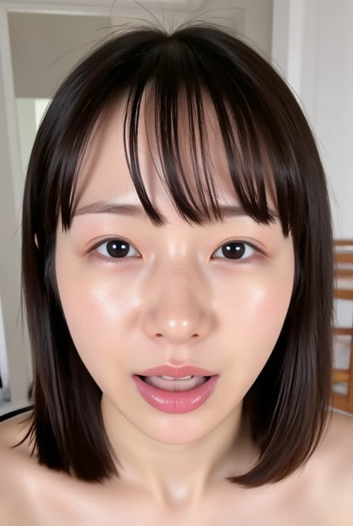 brown hair,cute face,gigantic breasts,bikini,blowjob,fellatio,deapthroat,brown eyes,(laughing,crying),other's hand on hand,excessive cum,bukkake