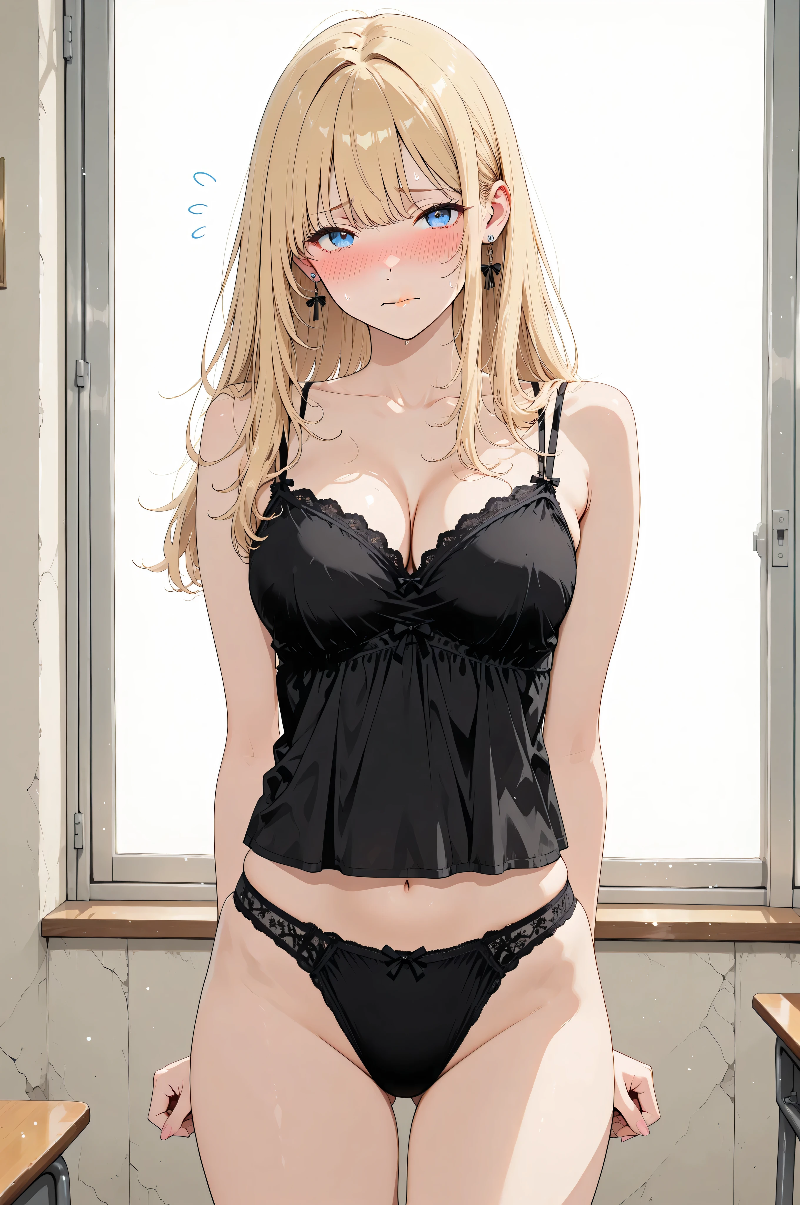 high school girl、in underwear、embarrassed faces、Black Camisole、blonde long

