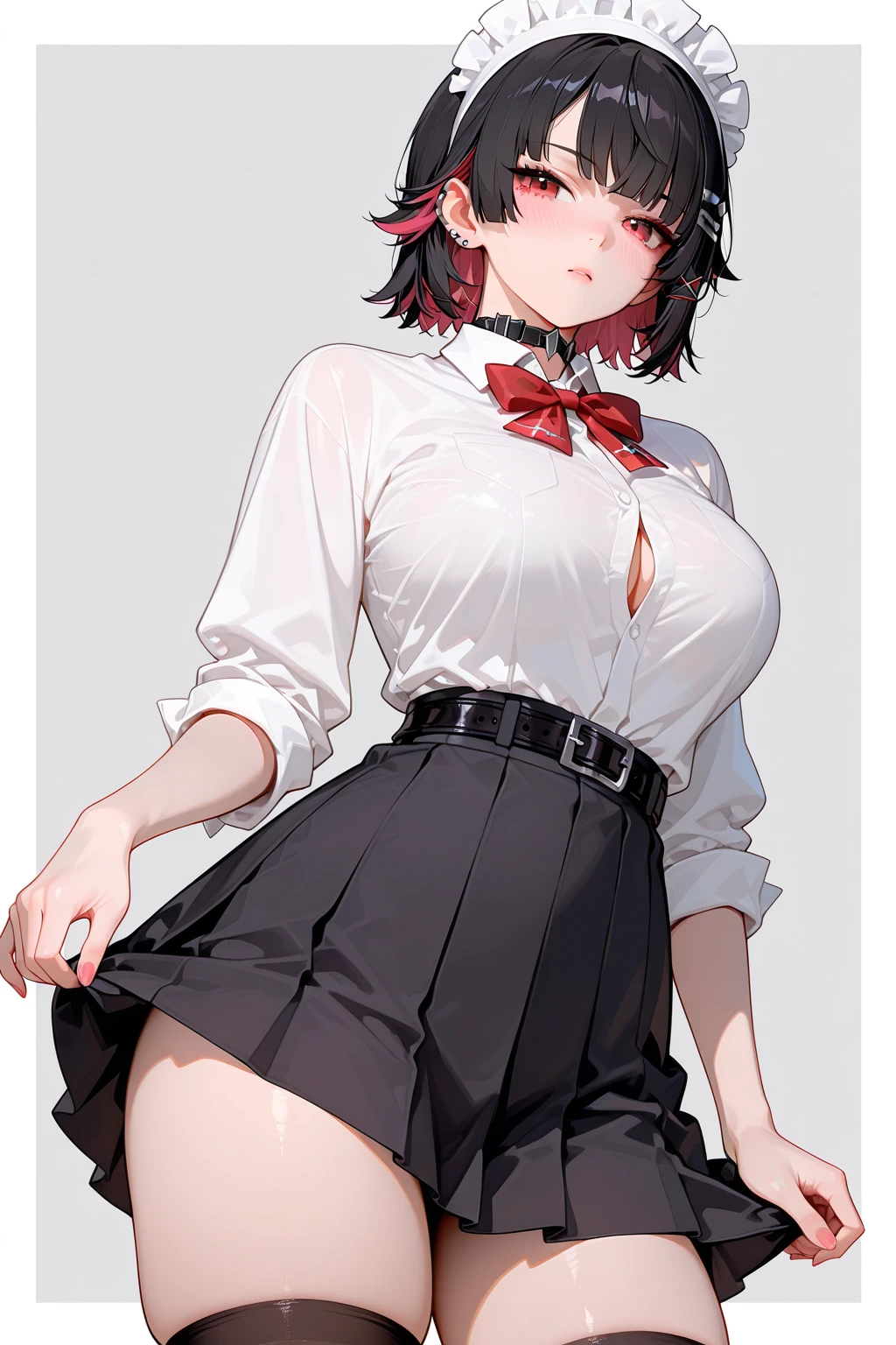 score_9, score_8_up, score_7_up, , commentary_request, light color, wip, weak color ,large_breasts, highres, black_panties, hairclip, navel, cowboy_shot, white_border, stomach, pulled_by_self, red-framed_eyewear, solo, 1girl, looking_at_viewer, closed_mouth, glasses, ELLEN JOE, MAID, BLACK SHARK TAIL, (SHARK GIRL:0.5), 1GIRL, RED EYES, TAIL, PANTYHOSE, black hair,MULTICOLORED HAIR outdoors, smile, absurdres, legs_together, panty_pull, thick_thighs, white background