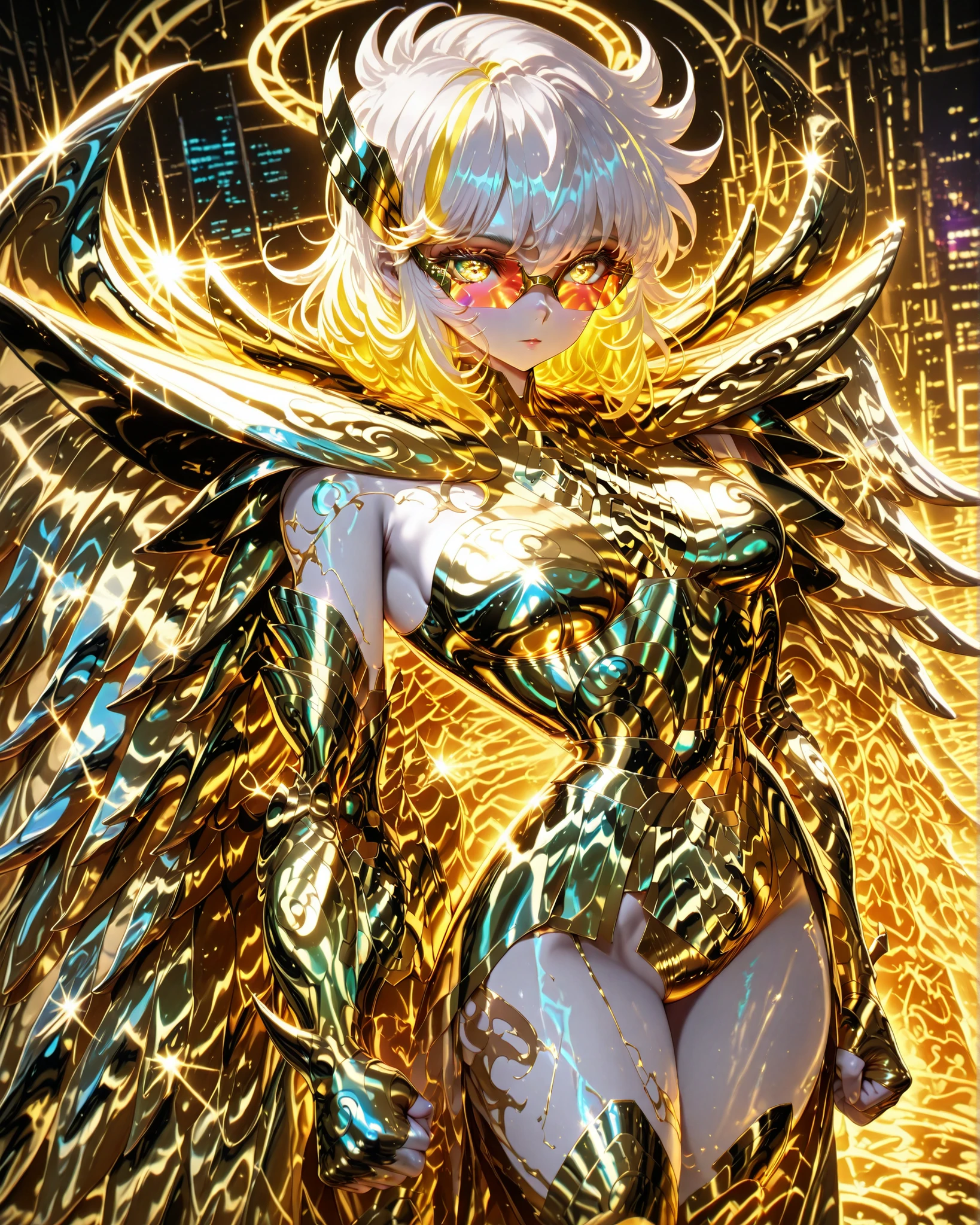 Front angle, (masterpiece, 4k, ultra detailed, vivid colors), {1woman}: (a beautiful and attractive woman, white skin, short white hair with yellow highlights, iris-free eyes totally bright yellow, wearing cyberpunk style glasses, wearing golden armor inspired by the anime Saint Seiya, but in a very revealing and sexy way, with wings, standing, arms along the body, fists closed), solo, a beautiful atmosphere that references the zodiac sign, perfect lighting creating shadows