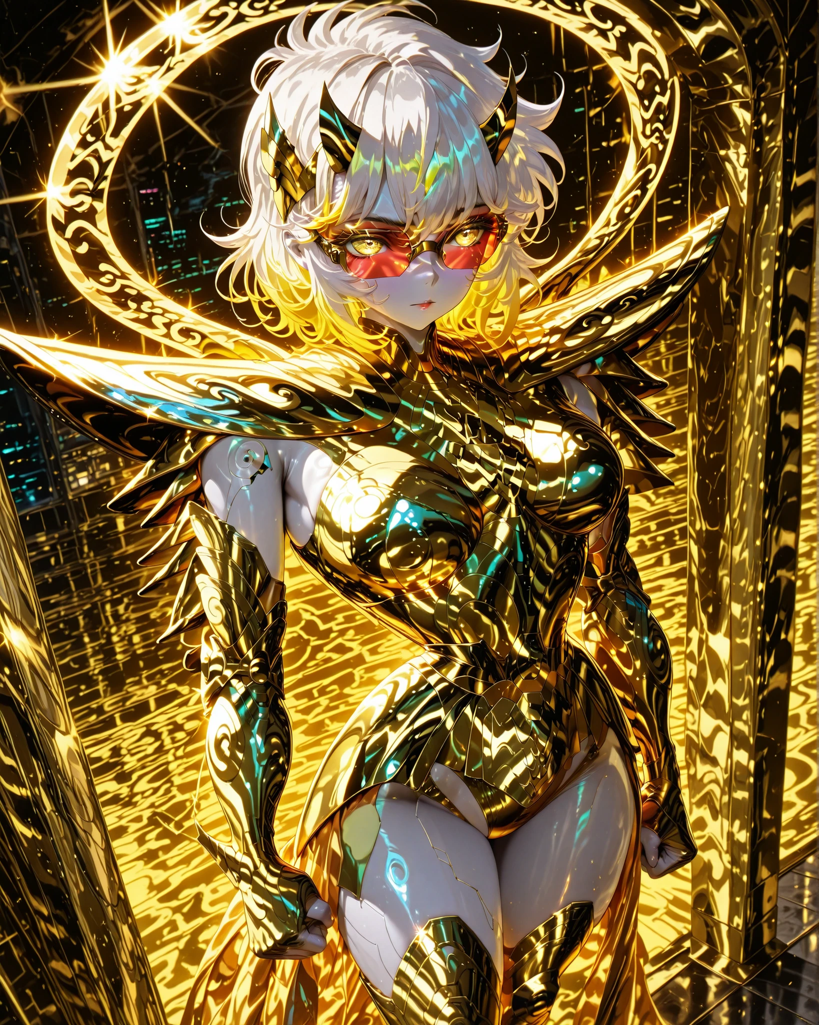 Front angle, (masterpiece, 4k, ultra detailed, vivid colors), {1woman}: (a beautiful and attractive woman, white skin, short white hair with yellow highlights, iris-free eyes totally bright yellow, wearing cyberpunk style glasses, wearing golden armor inspired by the anime Saint Seiya, but in a very revealing and sexy way, standing, arms along the body, fists closed), solo, a beautiful atmosphere that references the zodiac sign, perfect lighting creating shadows