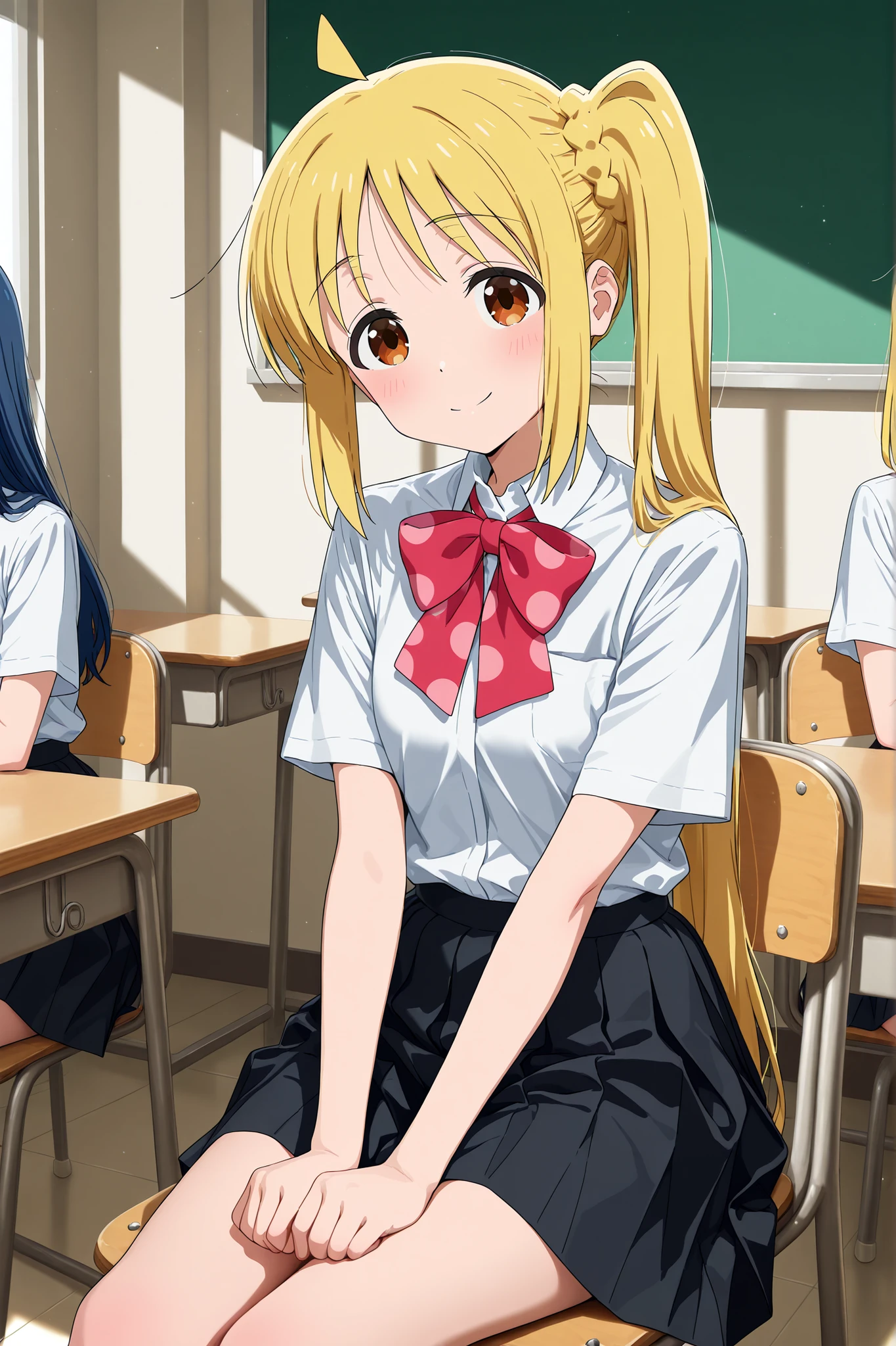 nijika ijichi, smile,double peace,peace,sitting chair,in class room,light room,ahoge, yellow hair, brown eyes, long hair, side ponytail,black skirt, bow, bowtie, collared shirt, pleated skirt, polka dot, polka dot bow, red bow, red bowtie, shirt, short sleeves, skirt, white shirt,masterpiece,Highest Quality,Very Detailed,Ultra High Definition,8k,4k,simple back ground,beautiful eyes,catchlight,
