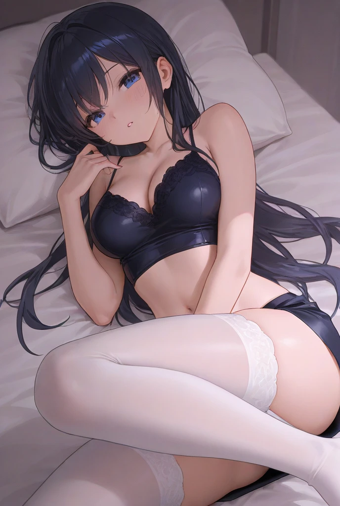(Masterpiece, High Quality, High-Detailed, Detailed CG, Cinematic Lighting, Beautiful Detailed Eyes, Ultra Resolution), (Full Body Shot), ( Suggestiveness:1.0), (:1.5), (Black Color :1.5), (:1.0), , Five Finger, Small-Breast, Thigh, Black-Pantyhose, Pantyhose, Blue-Eye, Short Hair, Blue-Hair, Exposed Panties, Black Panties, Victorian Background