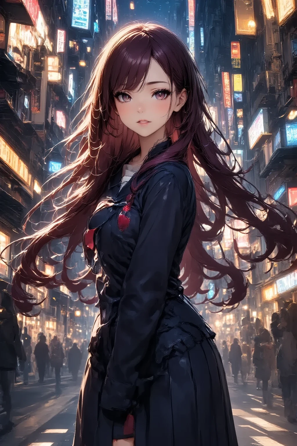 （Very detailed scenery）neon、Anime girl sitting on top of a building in the night city、Looking down from the top of a building、Soaring above the densely packed city、Best Anime 4K Konachan Wallpaper、Digital Cyberpunk Anime Art、anime art wallpaper 4k、anime art wallpaper 4k、anime art wallpaper 8k、anime wallpaper 4k、anime wallpaper 4k、Digital Cyberpunk - Anime Art、4k anime wallpaper