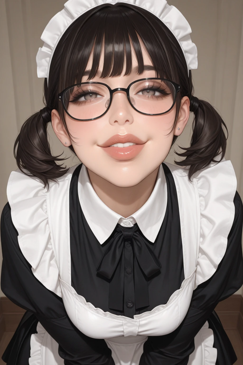 Emery Ratajkowski, retina, Textured skin, Anatomically correct, Attention to detail, high quality, ((Dark Eyes,black eye)),Very beautiful face and eyes, Big eyes, 1 female、Actual skin type,I can see my pores,Maid Cafe((Cafe table))(((A string of drool dripping from the top of the tongue)))((Maid clothes,White prim))smile,Realistic skin texture,I can see my pores肌,Maid,Greeting in maid clothes,30 years old,Wrinkles on the skin、