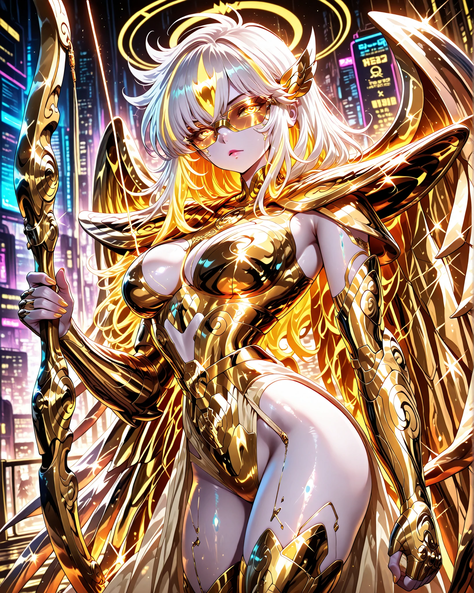 Side angle, (masterpiece, 4k, ultra detailed, vivid colors), {1woman}: (a beautiful and attractive woman, white skin, short white hair with yellow highlights, iris-less eyes completely bright yellow, wearing cyberpunk style glasses, wearing golden armor inspired by the anime Saint Seiya, but in a very revealing and sexy way, with wings, standing, holding a golden bow with one hand and pulling the bowstring with an arrow with the other hand, determined look), solo, a beautiful atmosphere that references the zodiac sign, perfect lighting creating shadows