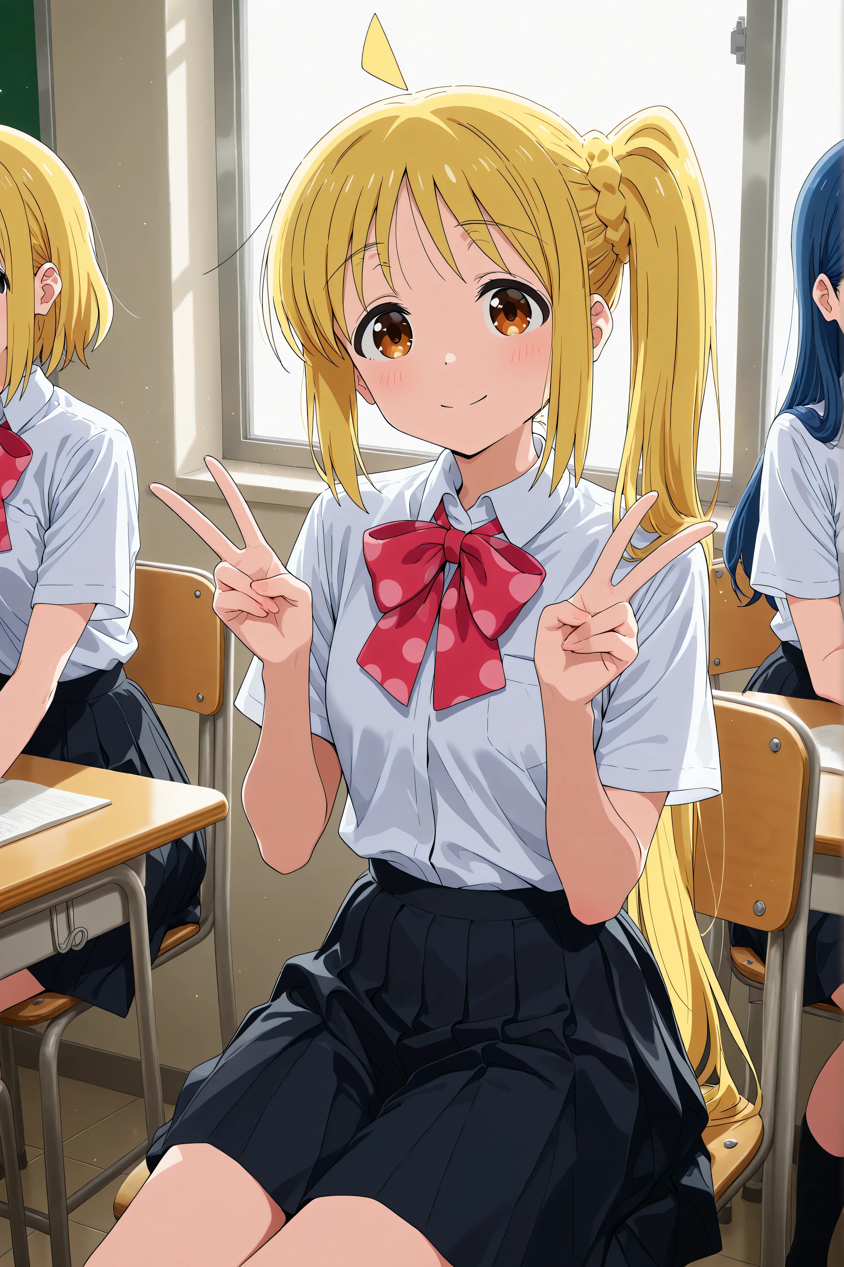 nijika ijichi, smile,double peace,peace,sitting chair,in class room,light room,ahoge, yellow hair, brown eyes, long hair, side ponytail,black skirt, bow, bowtie, collared shirt, pleated skirt, polka dot, polka dot bow, red bow, red bowtie, shirt, short sleeves, skirt, white shirt,masterpiece,Highest Quality,Very Detailed,Ultra High Definition,8k,4k,simple back ground,beautiful eyes,catchlight,