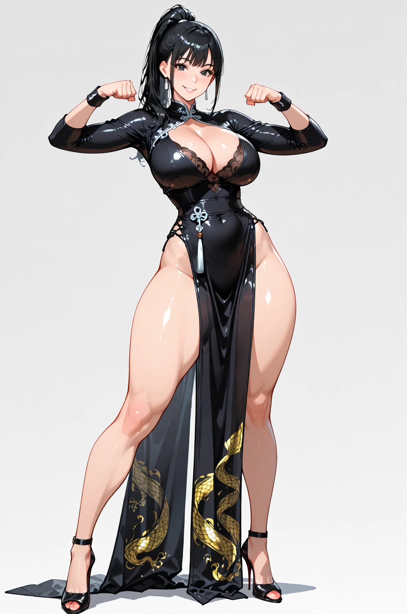 ((best quality,4k,highres,masterpiece:1.2)),((character concept art)), 1 female, French origin, age 31, brunette hair. Her presence is incredibly ???? and seductive, adding an extra layer of intrigue and danger to her overall persona. She is wearing a stunning Versace Crystal-Embellished Silk Gown, adorned with crystals, featuring a fitted silhouette, a deep V-neckline, and a high leg slit. The luxurious silk gown embodies Versace's signature dramatic style, perfect for an evening event. She is also wearing a pair of Christian Louboutin high heels, adding to her allure. ((intricate detail)), super finely detailed hands, ultra finely detailed fingers(((ten fingers))), (standing seductively), (full body showcase), (show full body), (no logos on background), (no logo), ((plain background)), ((plain background)), (((empty background))).