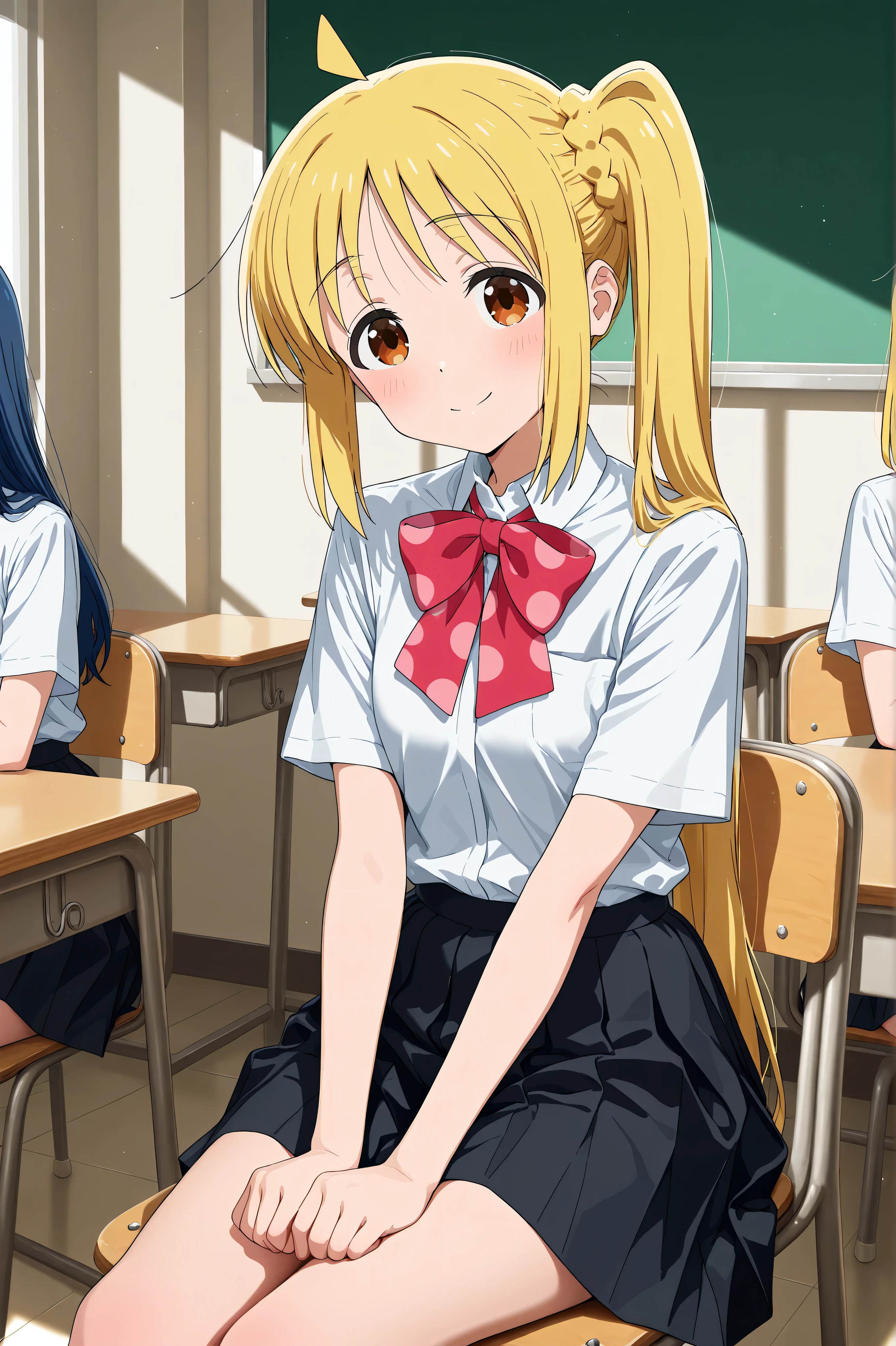 nijika ijichi, smile,double peace,peace,sitting chair,in class room,light room,ahoge, yellow hair, brown eyes, long hair, side ponytail,black skirt, bow, bowtie, collared shirt, pleated skirt, polka dot, polka dot bow, red bow, red bowtie, shirt, short sleeves, skirt, white shirt,masterpiece,Highest Quality,Very Detailed,Ultra High Definition,8k,4k,simple back ground,beautiful eyes,catchlight,