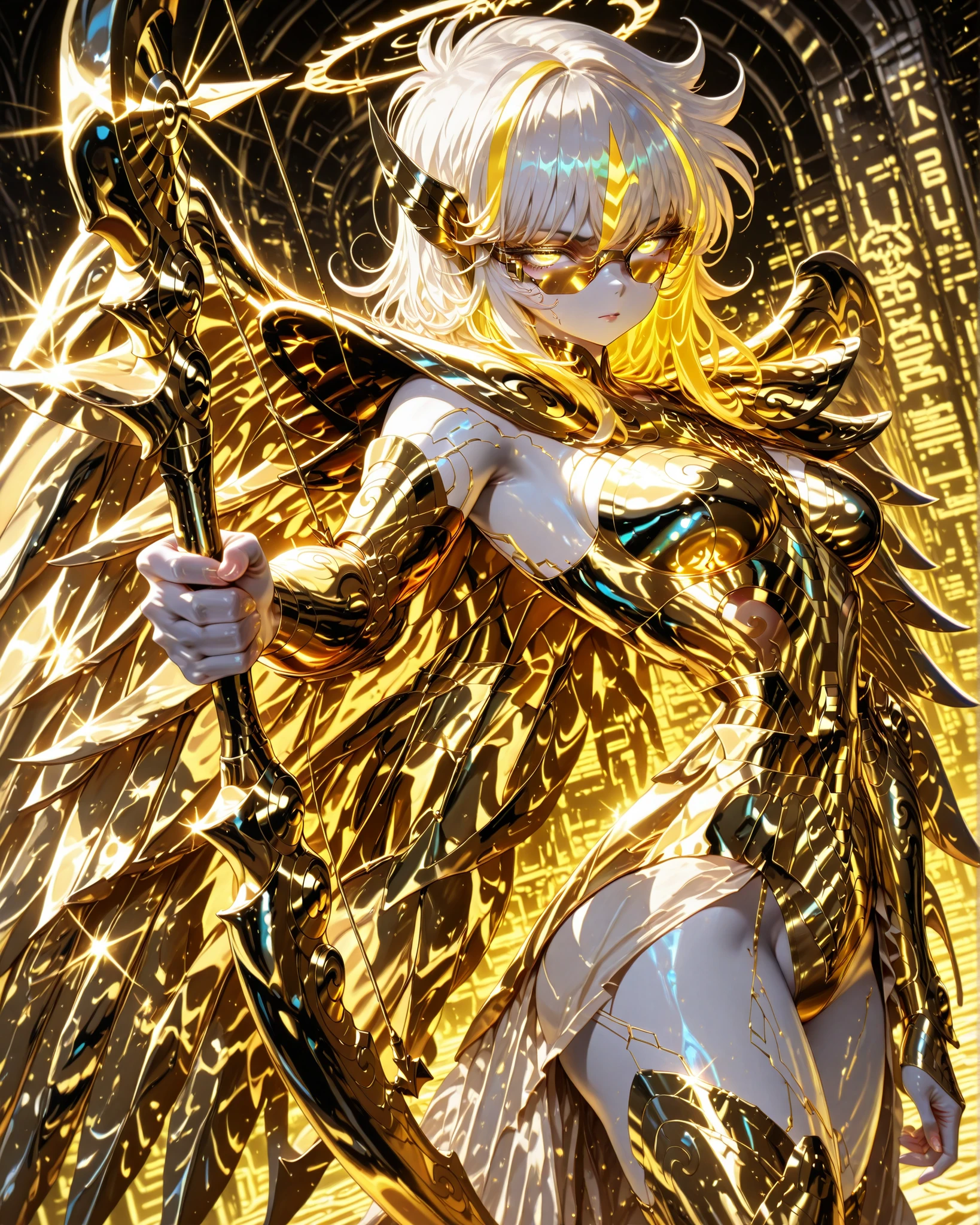Side angle, (masterpiece, 4k, ultra detailed, vivid colors), {1woman}: (a beautiful and attractive woman, white skin, short white hair with yellow highlights, iris-less eyes completely bright yellow, wearing cyberpunk style glasses, wearing golden armor inspired by the anime Saint Seiya, but in a very revealing and sexy way, with wings, standing, dynamic pose of an archer wielding a bow and arrow with her hands, determined look), solo, a beautiful atmosphere that references the zodiac sign, perfect lighting creating shadows