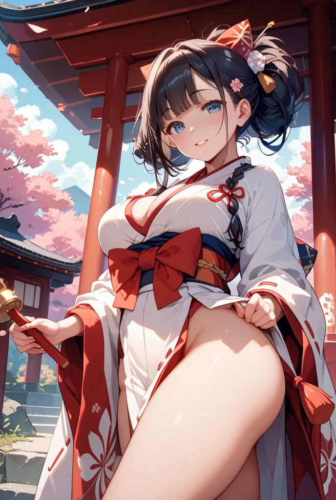 masterpiece, best quality, medium breasts, (curvy)  ,,, sitting on bench, side view, looking at viewer ,,,BREAK, zzRosa, hair bun, blue eyes, twintails, <lora:RosaPokemonIXL:1.2>,,,, smile,   pnkBldng, sky, day, cloud, tree, blue sky, building, architecture, east asian architecture,  <lora:PinkBuildingIXL_v2:1.0>,