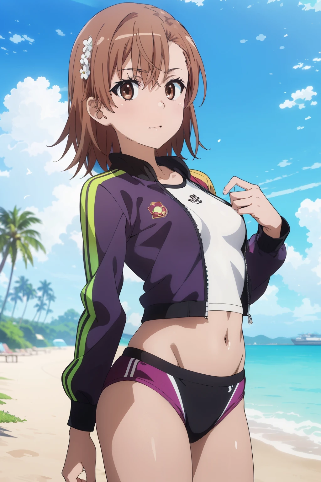 (masterpiece, best quality, high resolution, 8k:1.2), (anime coloring:1.4), (perfect character design:1.4), official art, highly detailed CG Unity 8K wallpaper, perfect face, perfect eye, perfect hair style, perfect body, beautiful body, beautiful skin, beautiful breasts, beautiful legs, beautiful hands, perfect hands, beautiful face, beautiful eyes, symmetrical eyes, slim body, (1 girl), (misaka mikoto, brown eyes), (small breasts), (brown hair, short hair, bangs, eyebrows visible through hair, hairpin), (Rash guard,green put on a midriff jacket, Swimsuits, bikinis, beach, blue sky), (dutch angle), looking at the viewer, (cowboy shot:1.3),