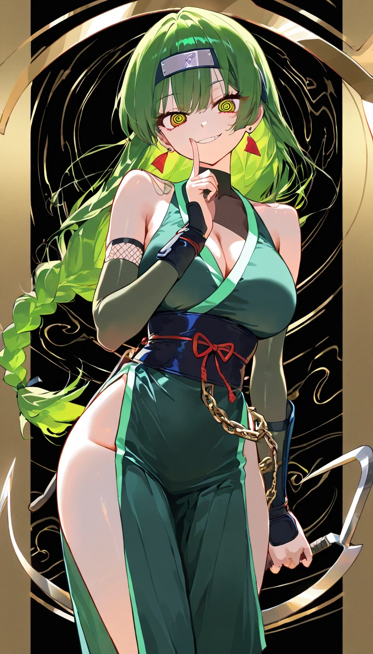 score_9, score_8_up, score_7_up,  <lora:STYLE_PONYXL_guweiz_ownwaifu:0.9>, BREAK 
STYLE_PONYXL_guweiz_ownwaifu, anime character dressed in black and gold with green hair, 1girl, single braid, medium breasts, looking at viewer, black dress, closed mouth, cleavage cutout, jewelry, short sleeves, cowboy shot, hoop earrings, blurry background, black eyes, arms up, bracelet, head tilt, clothing cutout, depth of field, chinese clothes, china dress, arms behind head, braided ponytail, bangle