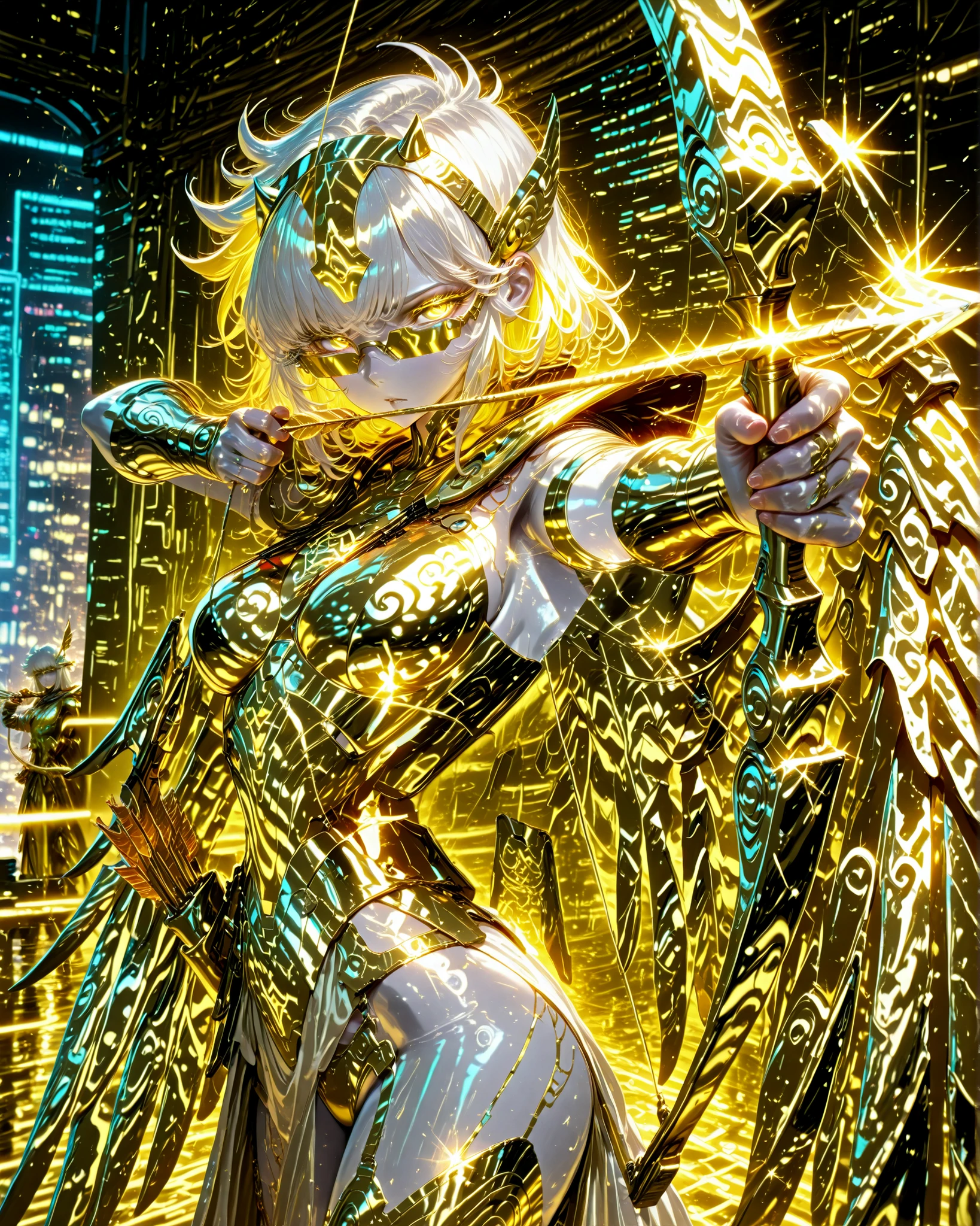 drawing bow (weapon),aiming at viwer,arrow (projectile),bow (weapon),holding bow (weapon),aiming,Side angle, (masterpiece, 4k, ultra detailed, vivid colors), {1woman}: (a beautiful and attractive woman, white skin, short white hair with yellow highlights, iris-less eyes completely bright yellow, wearing cyberpunk style glasses, wearing golden armor inspired by the anime Saint Seiya, but in a very revealing and sexy way, with wings, standing in a position like an archer, arm stretched out wielding a golden bow with one hand and pulling the bowstring with an arrow with the other hand at chest height, determined look), solo, a beautiful atmosphere that references the zodiac sign, perfect lighting creating shadows