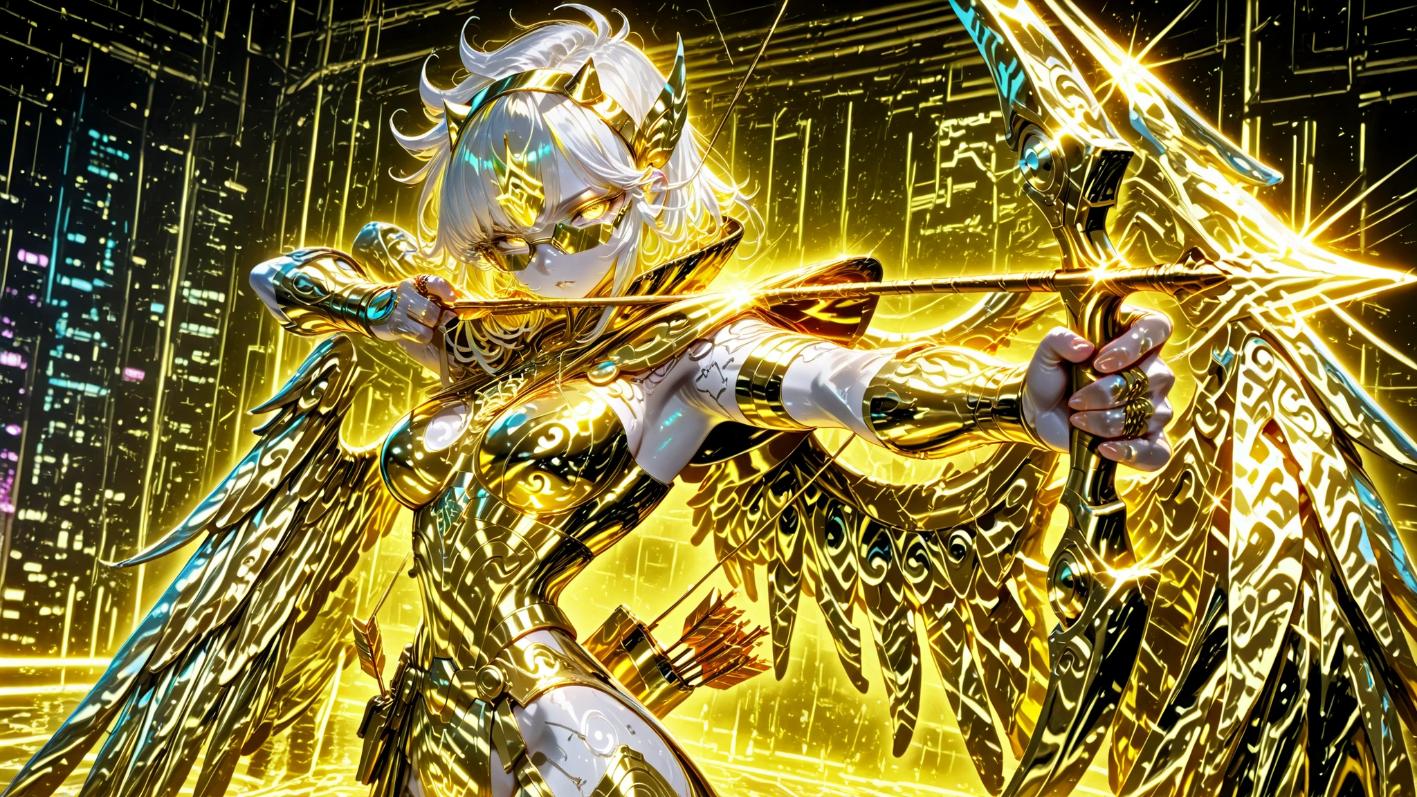 drawing bow (weapon),aiming at viwer,arrow (projectile),bow (weapon),holding bow (weapon),aiming,Side angle, (masterpiece, 4k, ultra detailed, vivid colors), {1woman}: (a beautiful and attractive woman, white skin, short white hair with yellow highlights, iris-less eyes completely bright yellow, wearing cyberpunk style glasses, wearing golden armor inspired by the anime Saint Seiya, but in a very revealing and sexy way, with wings, standing in a position like an archer, arm stretched out wielding a golden bow with one hand and pulling the bowstring with an arrow with the other hand at chest height, determined look), solo, a beautiful atmosphere that references the zodiac sign, perfect lighting creating shadows
