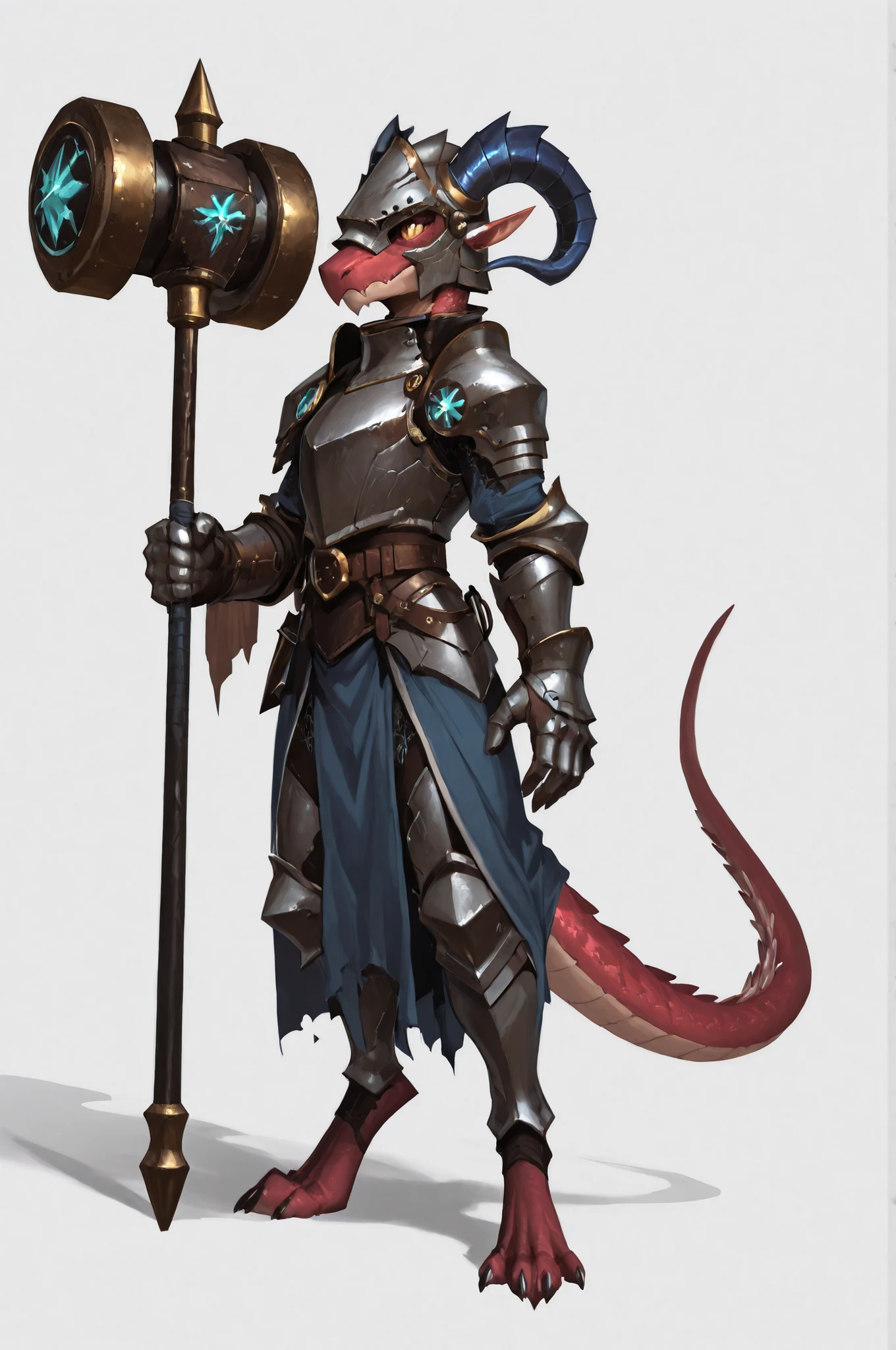 WarlockMaster, winged helmet, helm, pauldrons, shoulder armor, armor, full armor, cape, gauntlets, brown belt,pointed ears, long draconic snout, lean physique, kobold, blue scales, great gray horns, highly detailed, best quality, holding great iron hammer