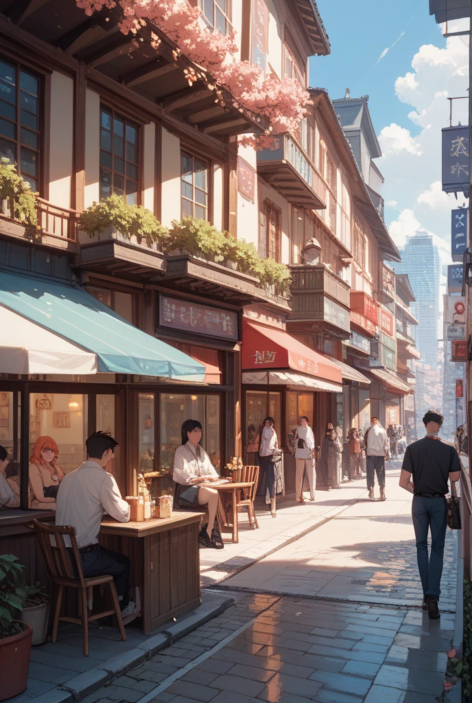 The sky was a hazy blue, and the air was filled with the sound of car horns and chatter. In the foreground. People hurried by, going about their day. A couple sat in a nearby cafe, drinking coffee and watching the world go by. The scene captures the energy and vibrancy of city life. information

 