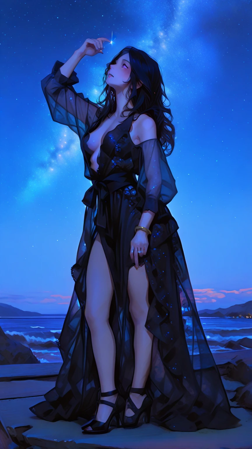 8k, masterpiece, RAW Photos, highest quality, Realistic, Very detailed, Depth of written boundary, Cinematic Light, Anatomically correct body, 
One beautiful 40 year old woman, (Very beautiful face:1.1), (Exquisitely detailed face:1.1), (A seductive face:1.4), (Very delicate skin texture:1.1), Transparent muscle, Shiny white skin, Glamorous Body, 
(Wavy black long hair:1.2), ( :1.1), ( :1.1), 
(See-through beach long dress:1.2), (Detailed cloth texture:1.2), (Gorgeous necklace:1.1), (Gorgeous earrings:1.1), 
(Dark starry background:1.4), (Milky Way:1.1), (milky way:1.1), (shooting star:1.1), (Dark coastline at night:1.4), (Pitch black sea surface:1.4), 
(Standing on the beach:1.2), 