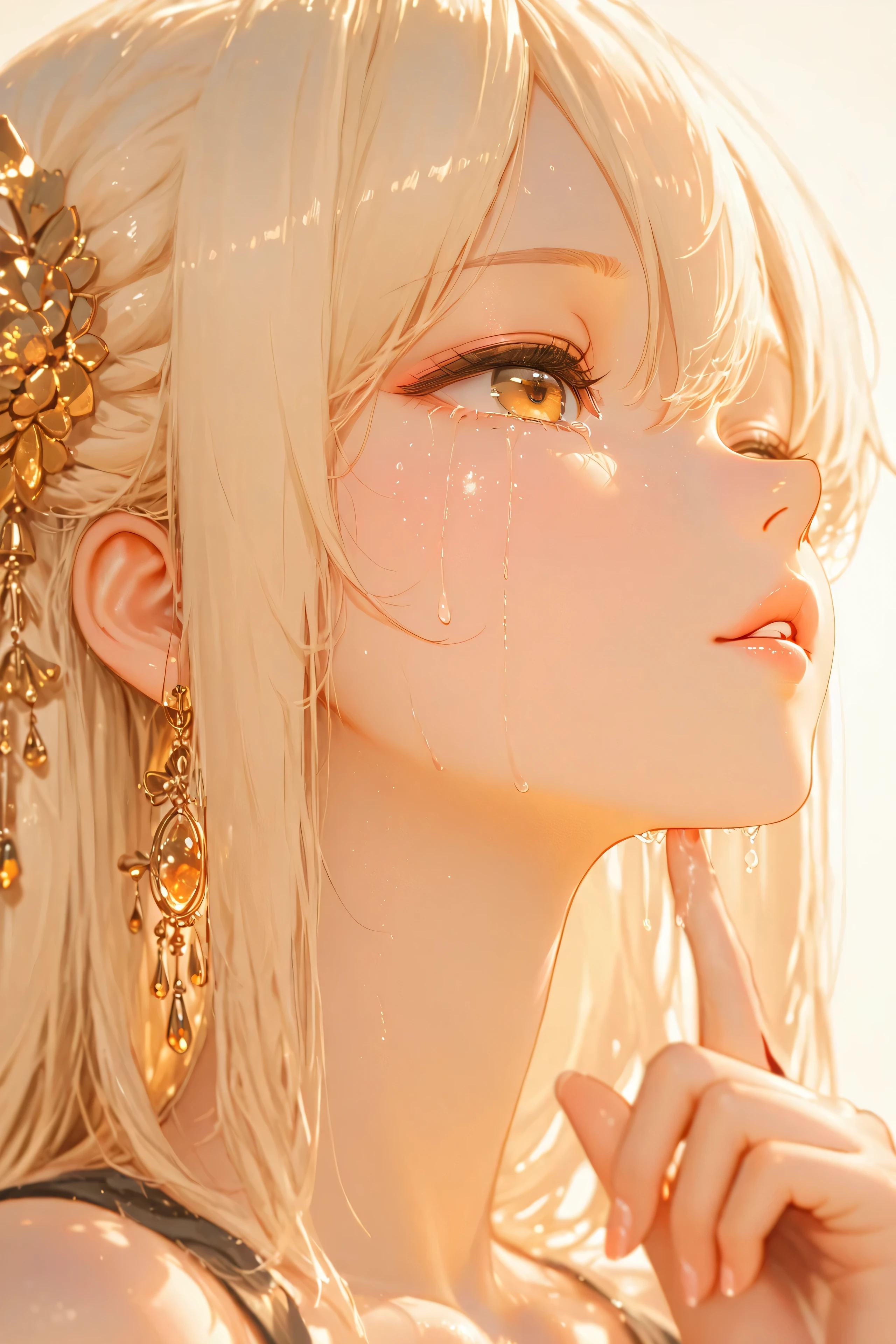 A semi-realistic close-up side portrait of a beautiful young woman in profile, softly illuminated by the golden light of sunset. She squints slightly against the sunlight, her eyes shimmering with emotion. A single tear runs down her cheek as she gently wipes it away with her right hand — the hand and fingers are anatomically correct, natural, and elegant. Her hair moves slightly in a warm breeze, catching the light. The scene conveys a tender, melancholic feeling, painted in the style of a traditional Japanese bijinga, with delicate brushwork, smooth texture, and soft depth of field.