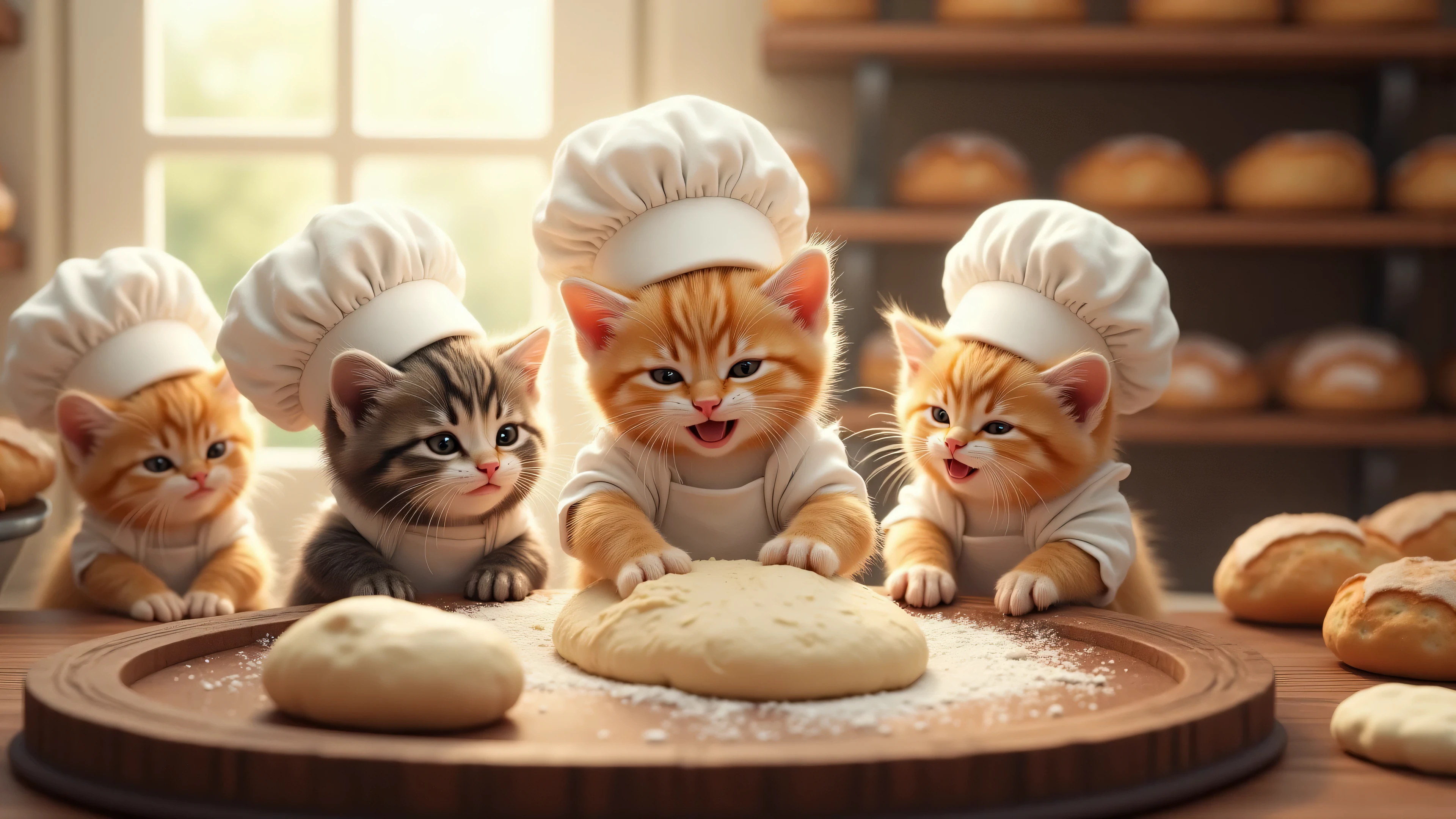 (((greatest masterpiece)))、(((Highest Quality)))、(((high resolution)))、Very cute kittens wearing white cook hats and white aprons、I'm kneading bread dough with a smile 、 Realistic cinematic image ( bakery in k) I'm kneading bread dough on a traditional wooden tray、 the sun shines through the window、Various types of bread are lined up on a wooden shelf 、Realistic, real photo、
