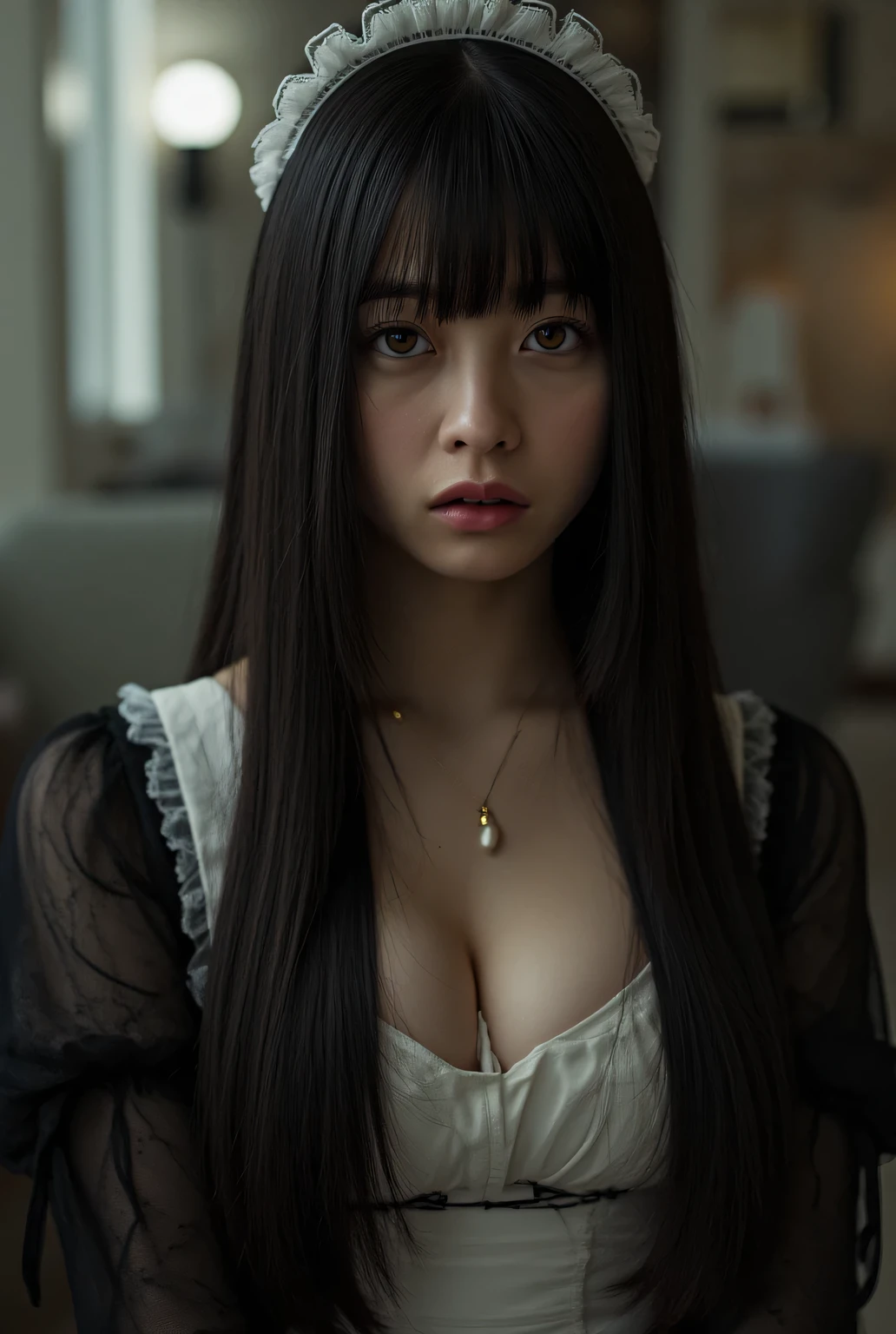 Beautiful woman with a hollow expression、long straight black hair、 {{{{{Perfect Fingers}}}}}、BREAK、、1girl、{{{{{big breasts}}}}}、、、Empty Eyes、 expressionless、emotionless, Authority 、sexy maid clothes、Position、FULL BODY SHOT、A love hotel with an adult atmosphere