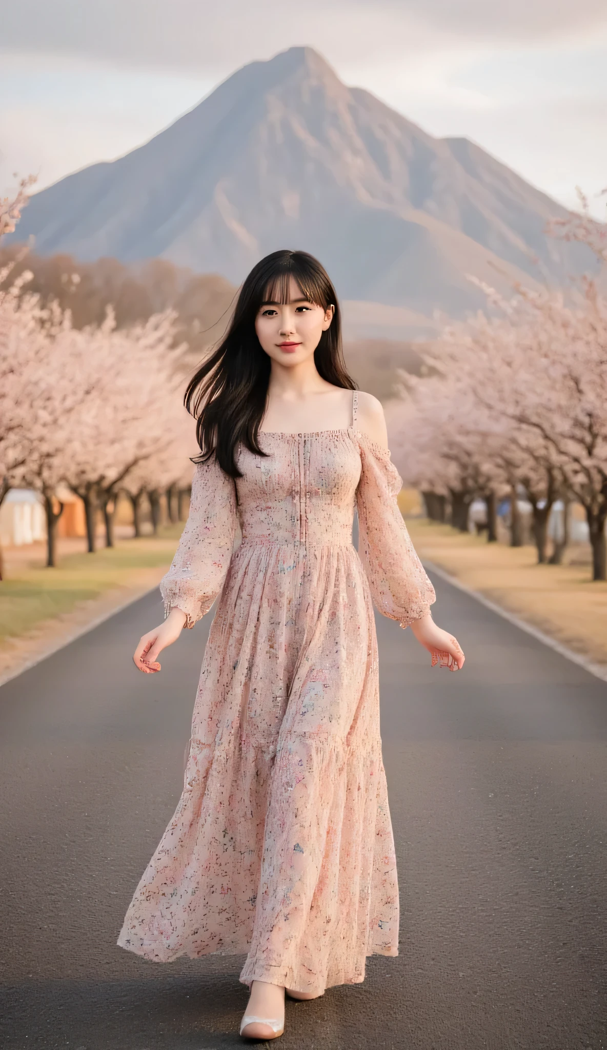 A stunning portrait of a young woman with long, flowing black hair standing gracefully on a countryside road, surrounded by lush cherry blossom trees in full bloom. She wears an elegant, off-shoulder floral dress with delicate ruffled sleeves, a cinched waist, and a flowing multicolored pattern. The warm golden-hour sunlight casts a natural glow on her skin, highlighting her serene and confident expression. In the background, a majestic mountain with rugged details rises behind the blossoming trees, adding depth and grandeur to the scene. The road is slightly worn, adding authenticity, with subtle roadside details such as tents or stalls in the distance. The image has a soft yet realistic depth of field, with the subject in sharp focus while the background remains naturally blurred. The overall mood is dreamy, romantic, and warm, capturing the beauty of nature and elegance in one frame.