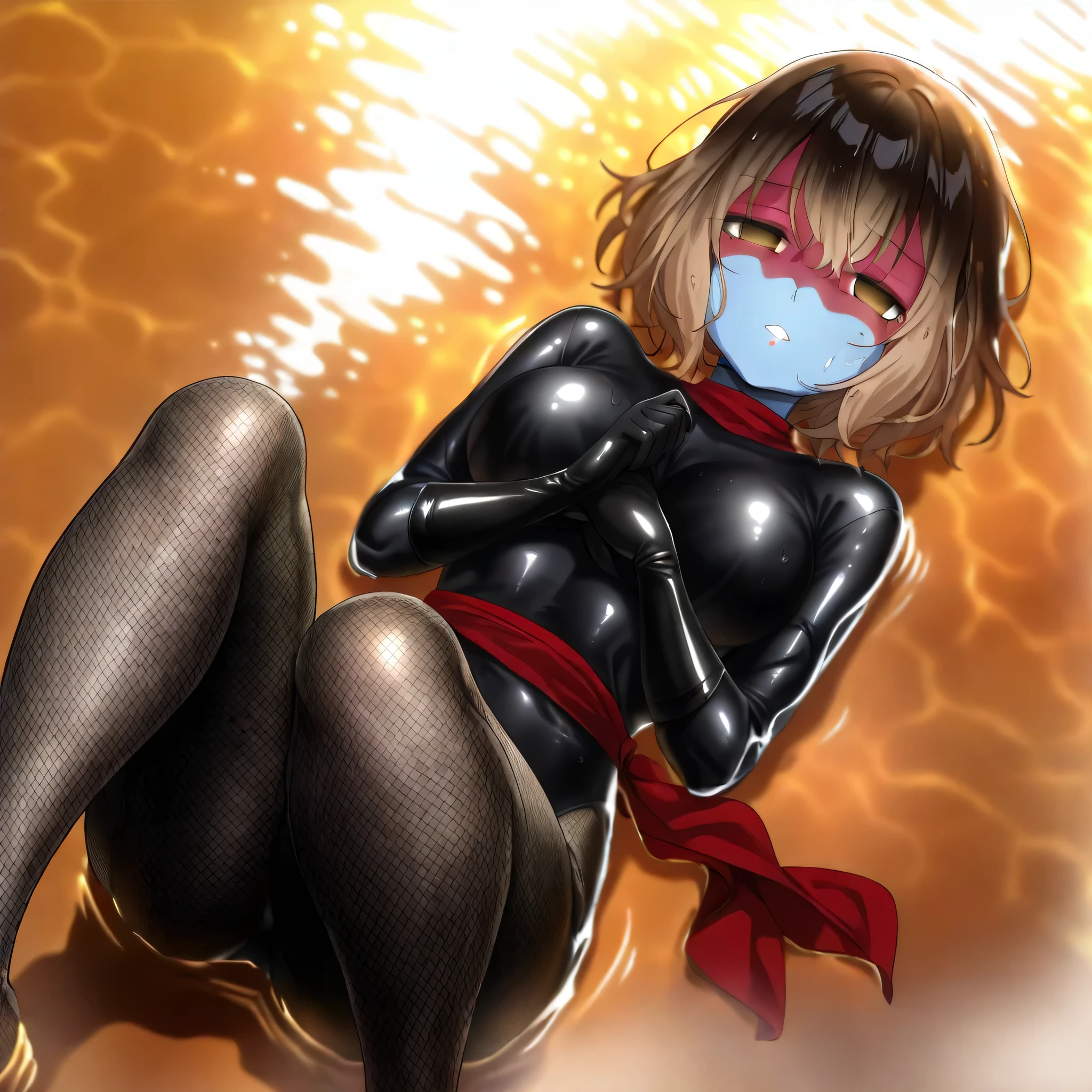 (((Masterpiece))), (((Best Quality))), ((Super Detail)), ultra-High resolution, score_9,score_8_up,score_7_up,score_6_up,score_5_up,score_4_up, BREAK, source_anime, anime screencap, uncensored, Masterpiece, (best shadow), (absurdres), (detailed background), (very aesthetic), detailed beautiful eyes, outstanding, an exquisite animation illustration, curvy, highres, dark persona, empty eyes, blank eyes, shocker, black leotard, latex elbow gloves, brown fishnet pantyhose, blue skin, colored skin, red sash, makeup, shaded face, red skin, (((solo, 1girl))), hair ornament,  pose, submissive pose, anime style, anime coloring, animification, megami magazine,  pose, medium , yaotose hinako, hair between eyes, short hair, light brown eyes, on water, pained_expression, twilight, serenity, vulnerability, ethereal_mood, slow_motion_effect, on back, fetal position, half closed eyes, sad expression, on side, lying down on side, lying down in water, in water, looking from above, from above, view from above, cinematic angle, dynamic angle, dutch angle, wet body, wet skin, wet hair, soak, sweat, partially submerged, submerged
