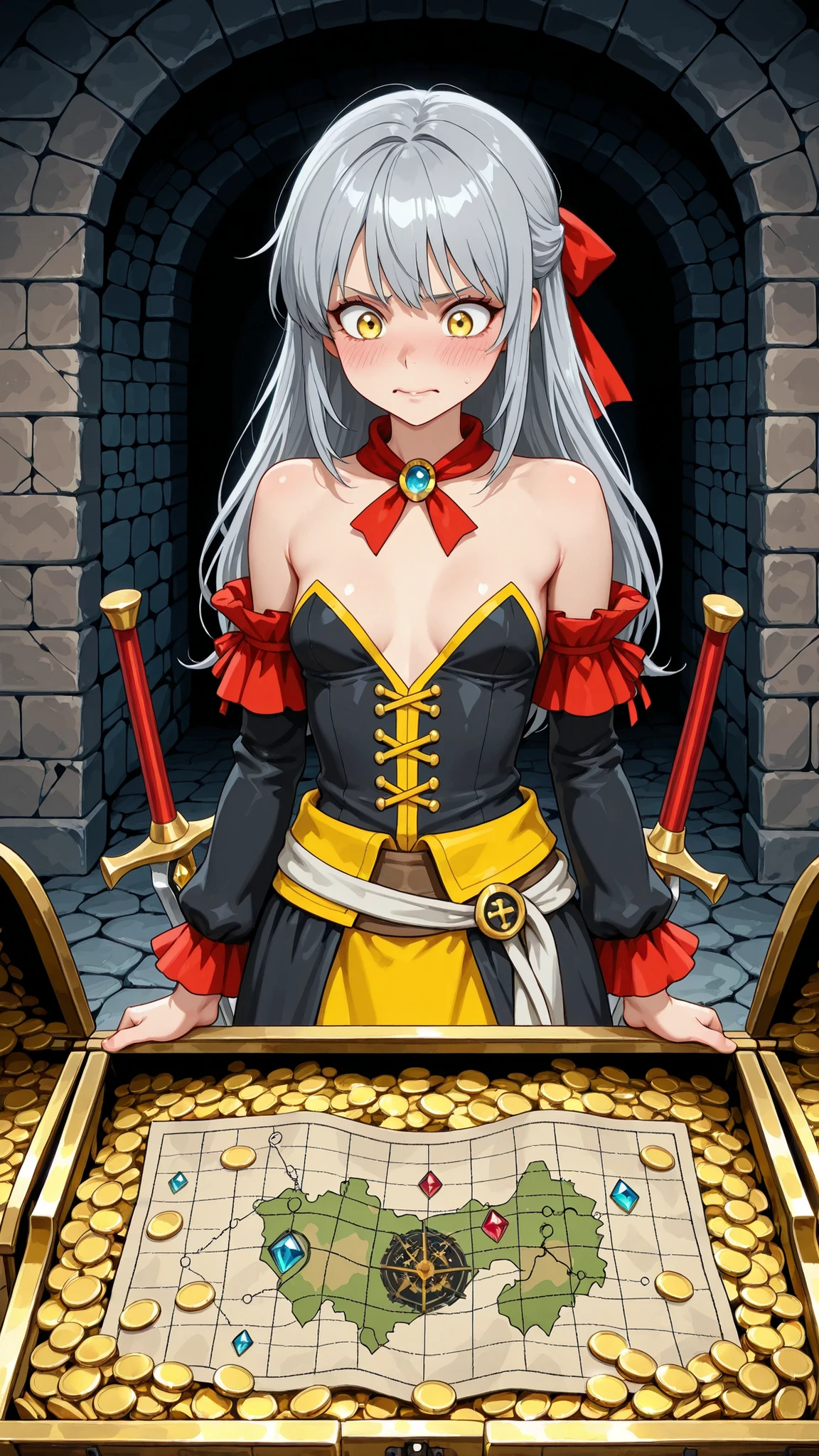 8K (high resolution) (Super Detailed) (masterpiece) (Highest Quality) Anime Illustration detailed eyes detailed face Feminine detailed hand Delicate hair detailed wrinkles on clothes with fine skin detailed background solo yellow eyes (Grey Hair) Long hair ties his back hair with a red ribbon bungs (small breasts) flushed cheeks embarrassed expression, Female Pirate Crew, Diverse personalities, has weapons, colorful costume, open a treasure chest, Hidden Cave , Torchlight, Gold coins are scattered, The jewel shines, Rock Wall, Secret Map, Exploratory Expression, dramatic shadows, Excitement of adventure, Moments of Tension