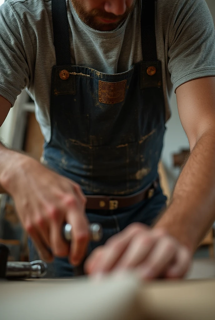 A close-up, high-angle shot of a man from the chest down, wearing a work apron and a casual shirt. His hands are visible, one holding a tool (like a drill or hammer) and the other steadying a piece of wood or a surface he's working on. The background is slightly blurred, suggesting a workshop or construction environment. The lighting is natural and highlights the texture of his clothes and the materials he's handling. Photorealistic, shallow depth of field, warm tones.