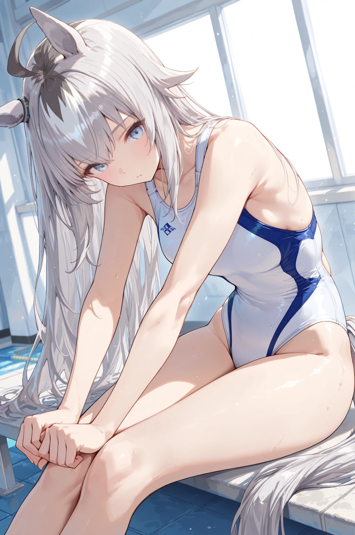 masterpiece,perfect anatomy,beautiful fingers,high resolution, ultra-detailed,beautiful detailed eyes,dutch angle,absurdres,1girl,solo,Oguri, long hair, horse ears, grey hair, ahoge, horse tail, blue eyes,multicolored hair,(white competition swimsuit:1.3),(sitting,legs together:1.3),bent over,stretching,