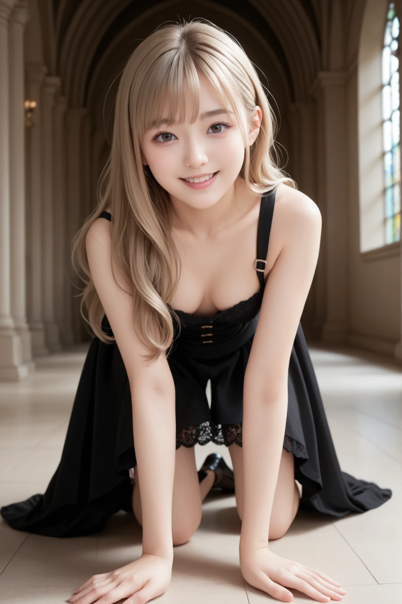 A realistic digital photograph of a young japanese girl. she has pretty small breasts. she has absolutely long hair reaching her foot, ash blonde hair, bang hair.  bright brown eyes. she wears a black chiffon dress, that looks comfortable and effortless, flowing softly around her as she moves.  her breasts are pretty small. warmful smiling softly. she is in a dim room of the old castle. at the night. The atmosphere is calm, dreamy, and intimate, Her look has a subtle model touch balanced with elegance and mystery. The overall tone is cinematic, softly radiant, and serene. She is sitting on a cathedral with her legs crossed. on all fours. full body. her shoulder straps are falling off. 