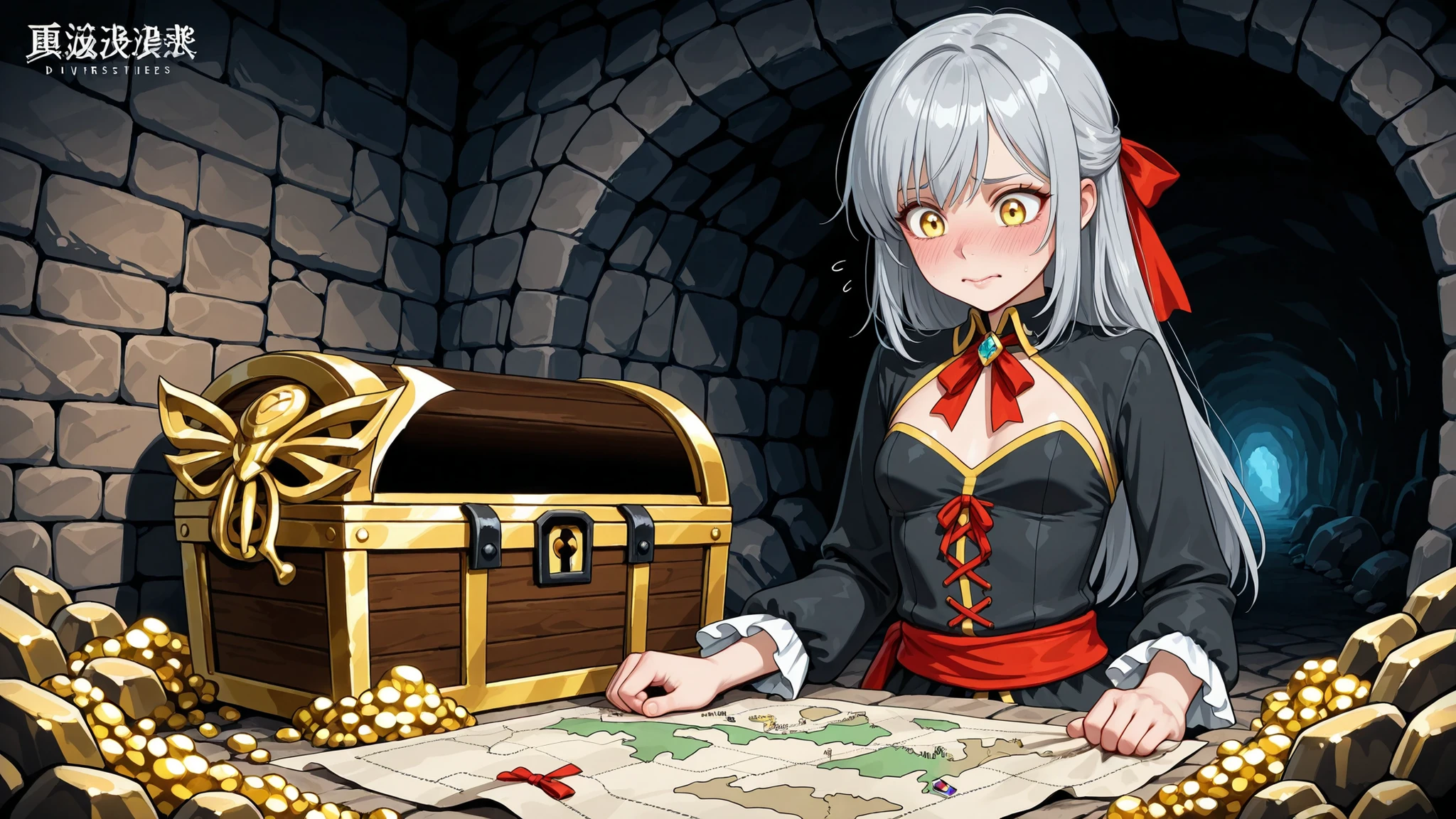 8K (high resolution) (Super Detailed) (masterpiece) (Highest Quality) Anime Illustration detailed eyes detailed face Feminine detailed hand Delicate hair detailed wrinkles on clothes with fine skin detailed background solo yellow eyes (Grey Hair) Long hair Tie Back Hair with a Red Ribbon bungs (small breasts) flushed cheeks embarrassed expression, Female Pirate Crew, Diverse personalities, colorful costume, open a treasure chest, Hidden Cave , Torchlight, The jewel shines, Rock Wall, Secret Map, Exploratory Expression, dramatic shadows, Excitement of adventure, Moments of Tension