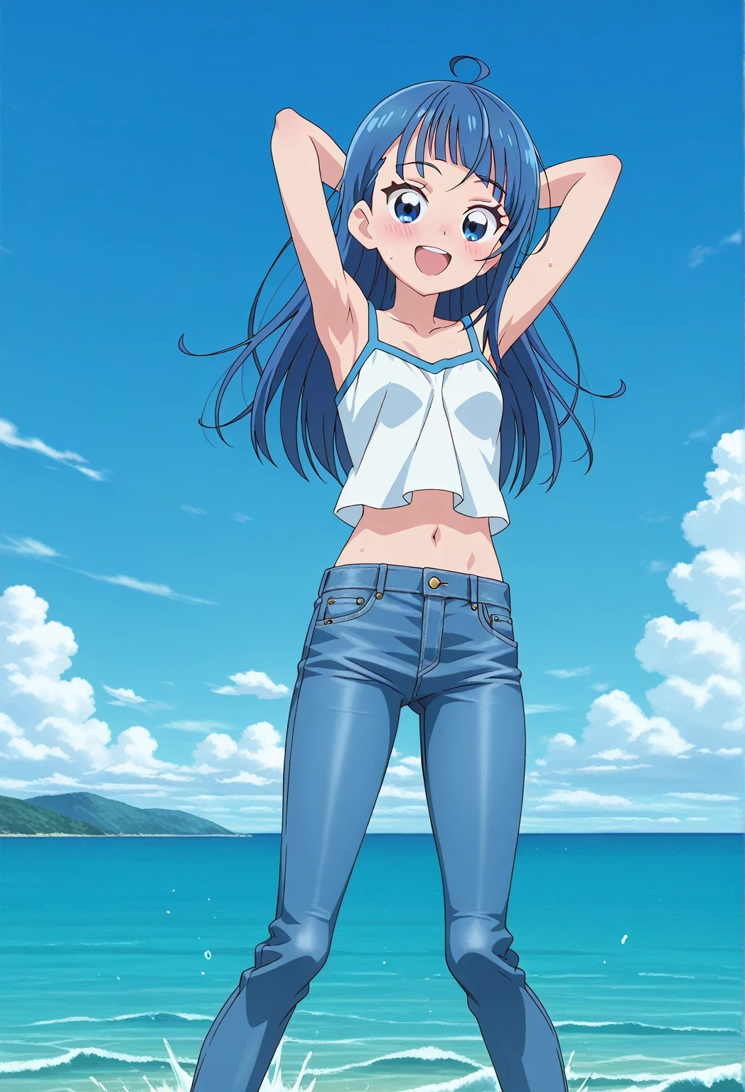 score_9, score_8_up, score_7_up, source_anime, highres, hi res, ((best quality, top quality, perfect quality, Highest Quality, amazing quality)), {{masterpiece}}, {{an extremely delicate and beautiful}}, 2d, intricate details, official style, anime, 8k, anime style, official_anime, official art, digital painting, cell shading, soft shading, high resolution, soothing tones, Subdued Color, Soft cinematic light, adobe lightroom, photolab, HDR, intricately and hyper-detailed, ((high quality animation)), 1 girl, Alone, solo, ((ocean)), tsunami, on the water, day, sunny, outdoors, sky, windy, sora harewataru, Hirogaru Sky! Precure, blue eyes, blue hair, ((long hair:1.4)), ahoge, anime screencap, small breasts, white camisole top, crop top, white crop top, best quality, hyper-detailed jeans, ((blue jeans:1.9)), (dark blue jeans:0.6), full medium body, medium shot, Open mouth, smiling, happy face, blush, sweat, standing, ((arms behind head:6.0)), ((hair separate from arms:3.5)), bowlegged, jumping pose, action, looking at viewer, spread legs, Bend knees slightly, straight-on front view