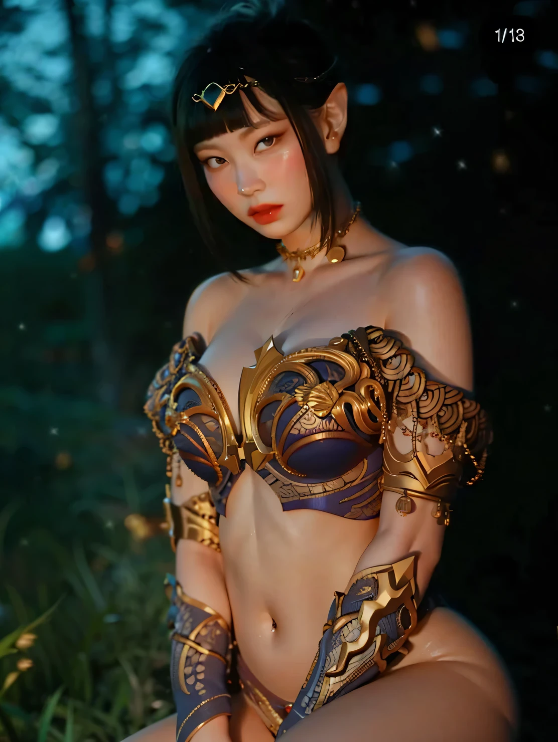 8K，1girll，waterfallr，pines，brunette color hair，head gear，Elaborate Eyes，二重まぶた，Inverted triangle polygon type，Delicate skin texture，Bandeau，Miniskirt，ultra fine detailed