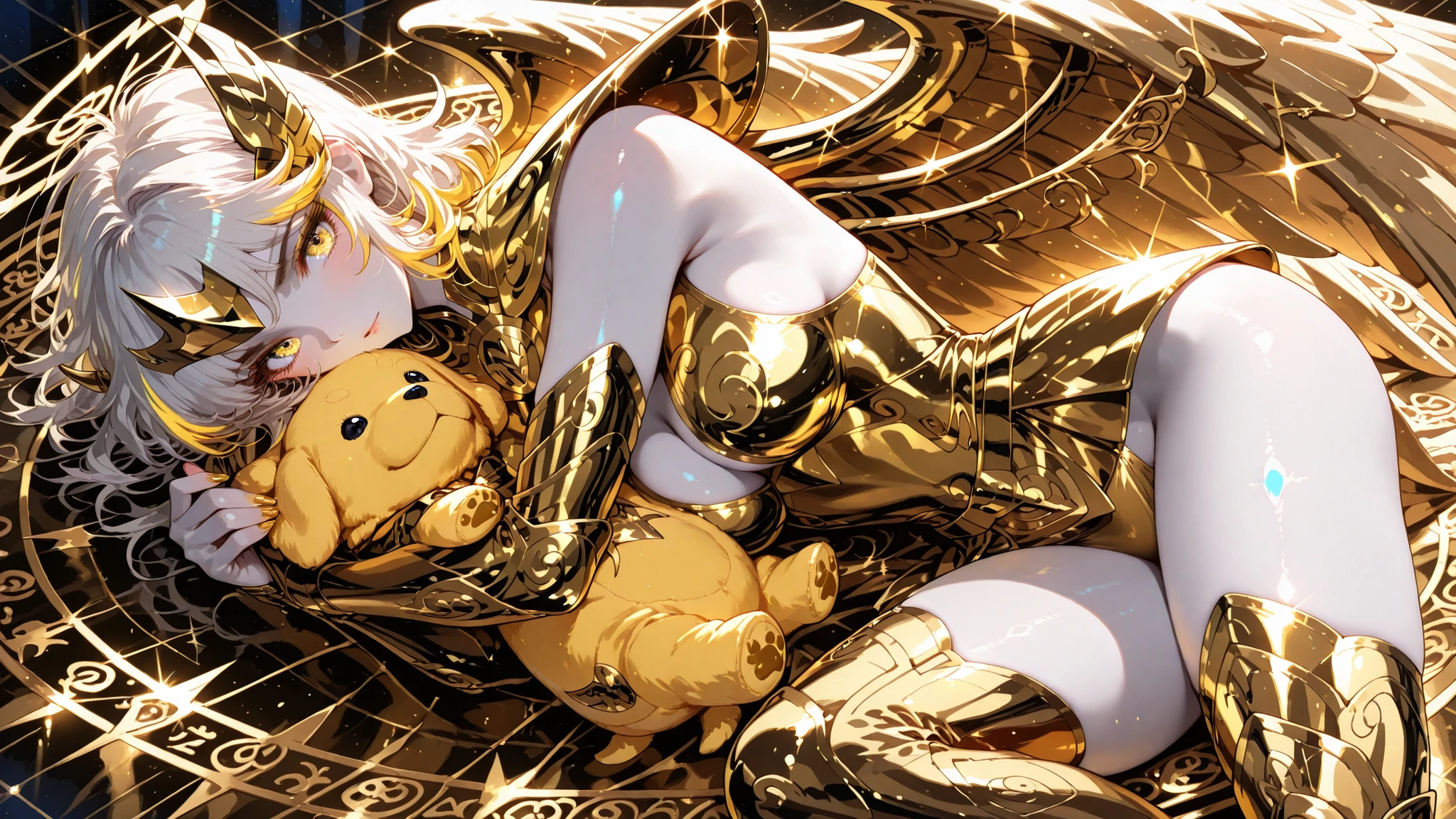 high angle, (masterpiece, 4k, ultra detailed, vivid colors), {1woman}:(a beautiful and attractive woman, white skin, short white hair with yellow highlights, eyes without irises completely bright yellow, wearing golden armor inspired by the anime Saint Seiya, but in a very revealing and sexy way, with wings, lying, hugging a very cute yellow plush dog), solo, a beautiful atmosphere that references the zodiac sign, perfect lighting creating shadows