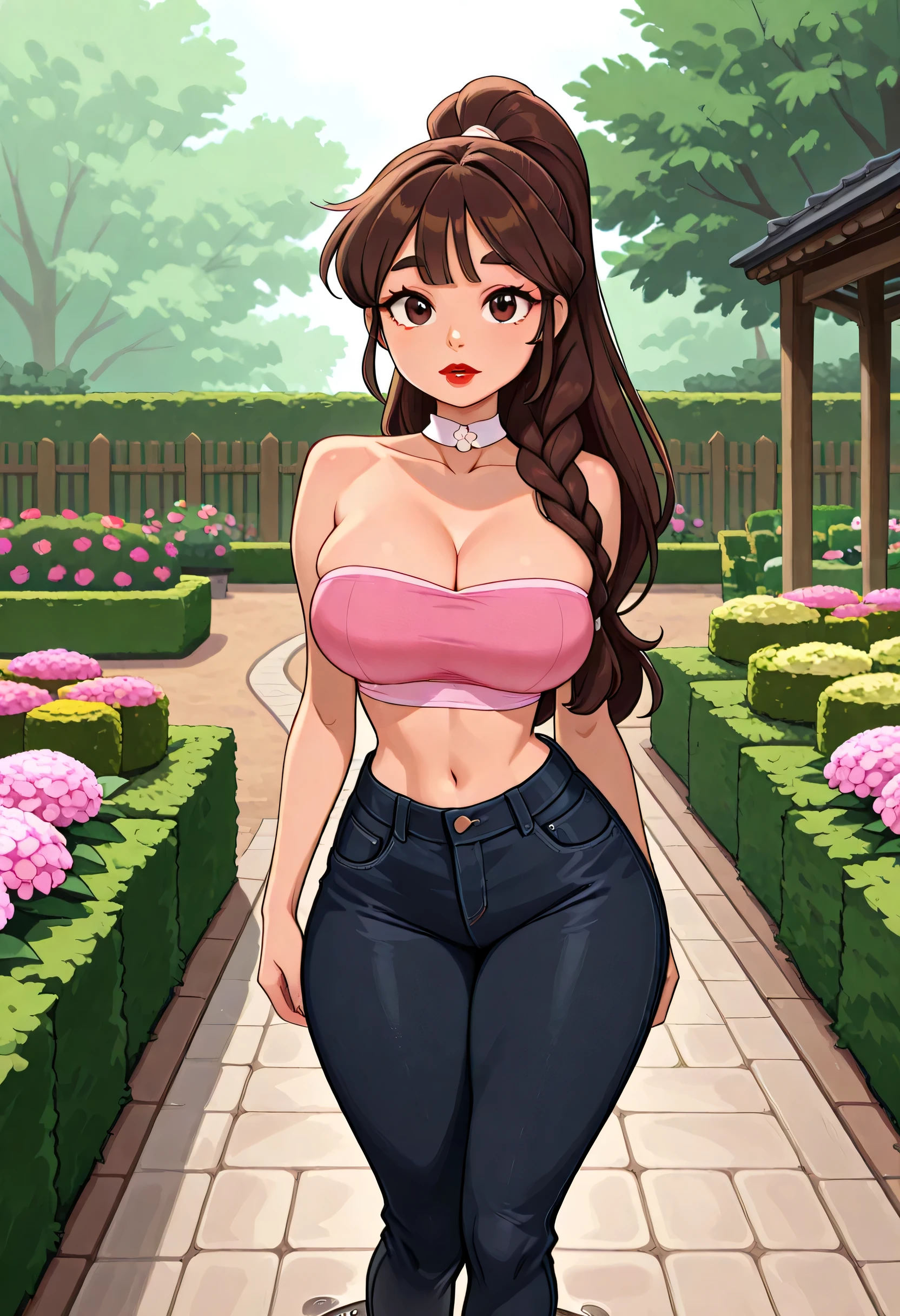 (Birdbath, Flower Bed, Lawn, Path, Hedge, Fence, Arbor), Perfect Face, Perfect Body, Brown Hair, (Very Long Side Braid Ponytail), (Bangs Curtain), Brown Thin Eyebrows, Dark Brown Eyes, Red Lips, Perfect Lips, (White Collar), Collarbone, Cleavage, (Large Breasts), (Pink Bandeau Top), Small Waist, Normal Midriff, Navel, Standing, (Thick Thighs:1.3), (Black Denim Jeans Pants Skinny), Looking At Viewer, Pov