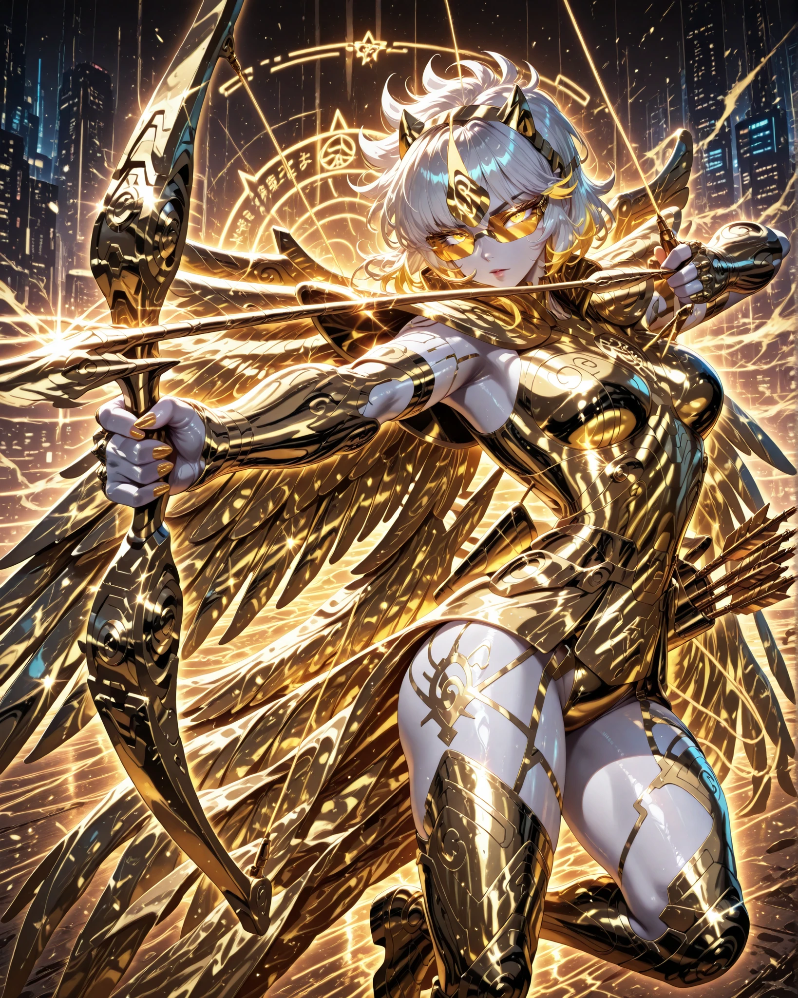 drawing bow (weapon), aiming at viewer, arrow (projectile), bow (weapon), holding bow (weapon), aiming, side angle, (masterpiece, 4k, ultra detailed, vivid colors), {1woman}: (a beautiful and attractive woman, white skin, short white hair with yellow highlights, iris-less eyes completely bright yellow, wearing cyberpunk-style glasses, wearing golden armor inspired by the anime Saint Seiya, but in a very revealing and sexy way, with wings, jumping in the air in a dynamic action pose, in a position like an archer, arm extended wielding a golden bow with one hand and pulling the bowstring with three arrows with the other hand at chest height, determined look), solo, a beautiful atmosphere that references the zodiac sign, perfect lighting creating shadows