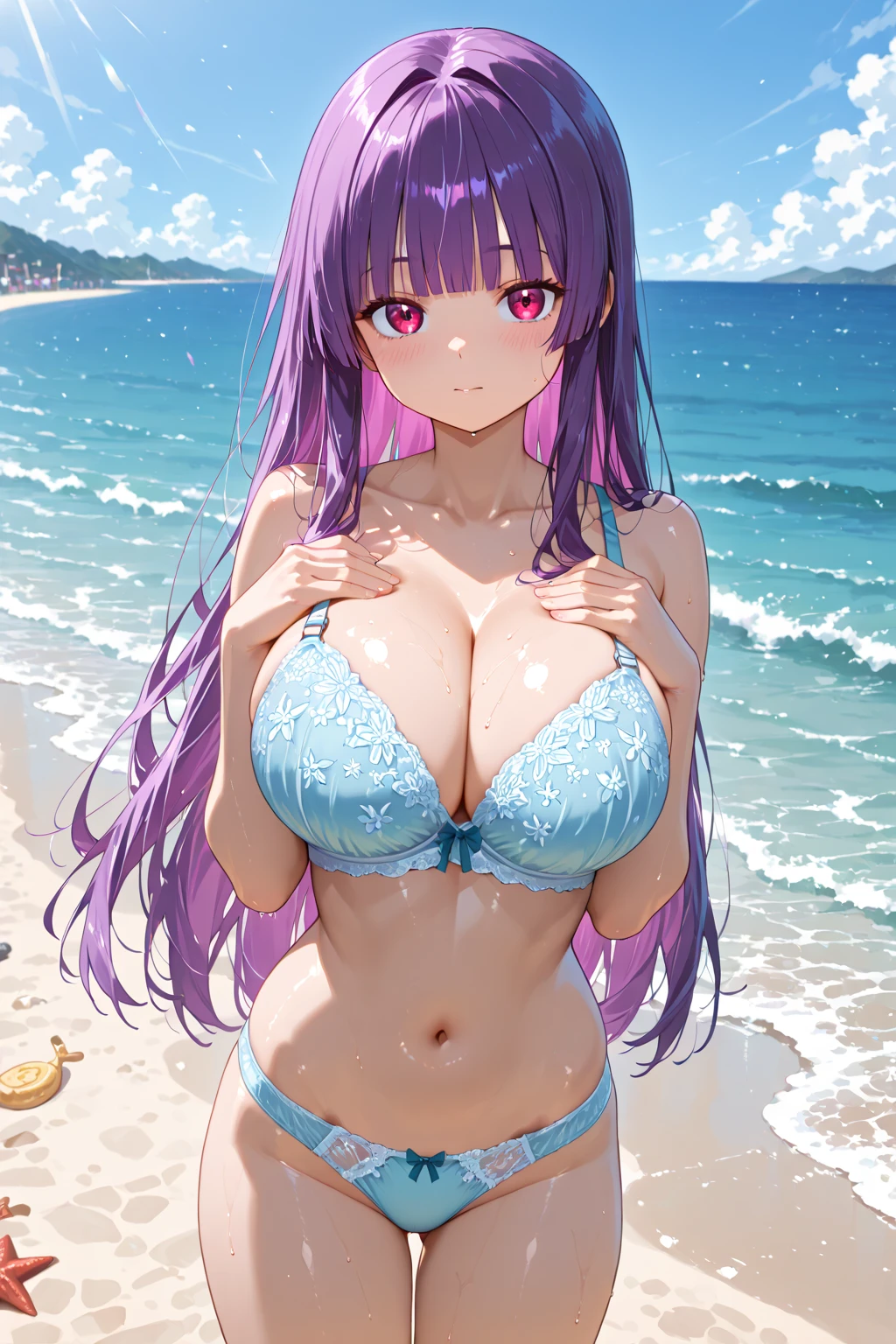 1girl, beautiful, perfect lighting, muscular female, thighs, ?????????????, armpits, mature female, milf, looking at viewer (masterpiece, high quality:1.2) micro ??????, beach, bright, sunlight, water, wet, wet clothes, happy, happy, wind, navel, abs, big ???, ??? shot, thick, ?????????, purple hair, black eyes, purple eyeshadow, makeup 