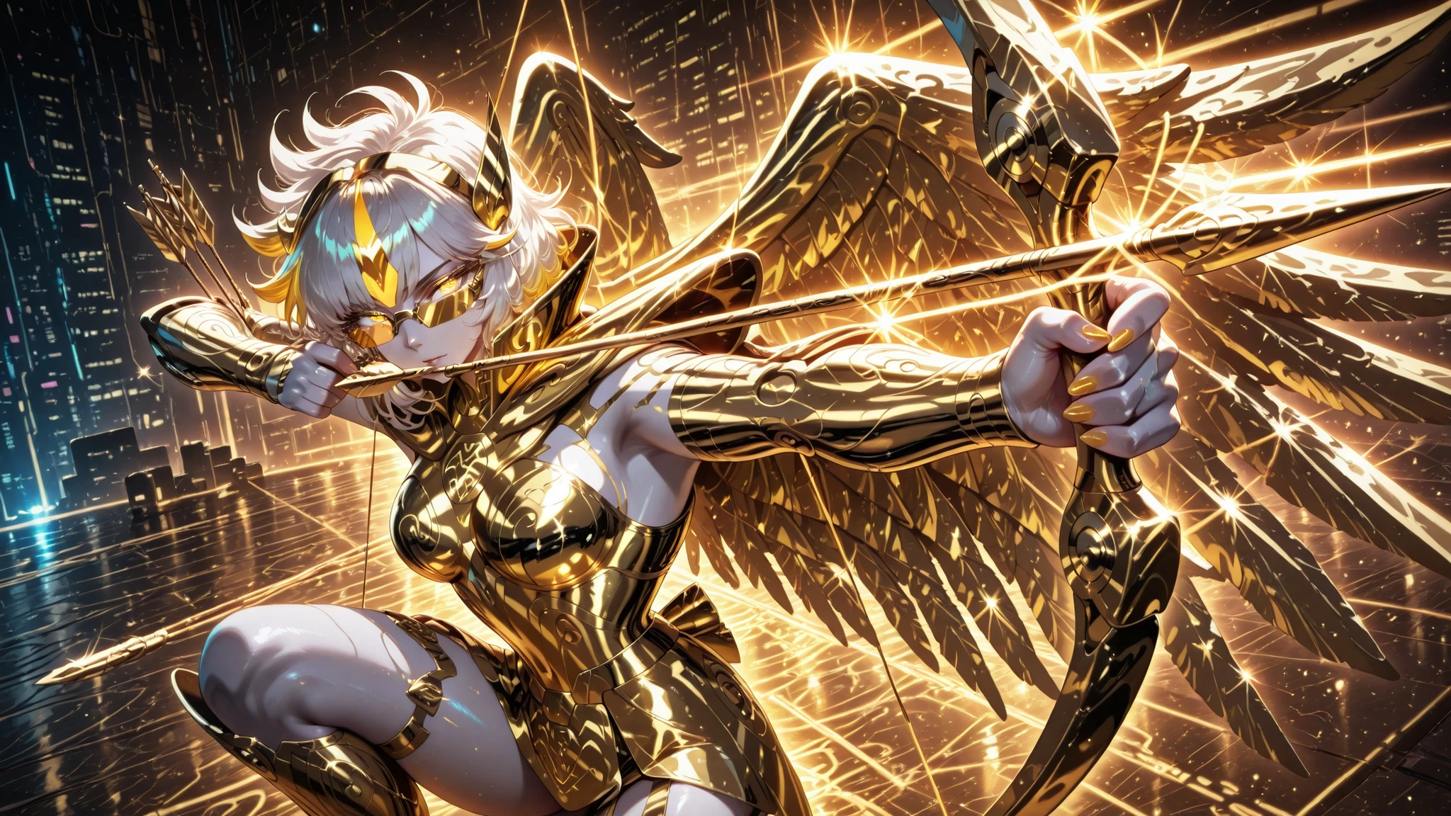 drawing bow (weapon), aiming at viewer, arrow (projectile), bow (weapon), holding bow (weapon), aiming, side angle, (masterpiece, 4k, ultra detailed, vivid colors), {1woman}: (a beautiful and attractive woman, white skin, short white hair with yellow highlights, iris-less eyes completely bright yellow, wearing cyberpunk-style glasses, wearing golden armor inspired by the anime Saint Seiya, but in a very revealing and sexy way, with wings, jumping in the air in a dynamic action pose, in a position like an archer, arm extended wielding a golden bow with one hand and pulling the bowstring with three arrows with the other hand at chest height, determined look), solo, a beautiful atmosphere that references the zodiac sign, perfect lighting creating shadows