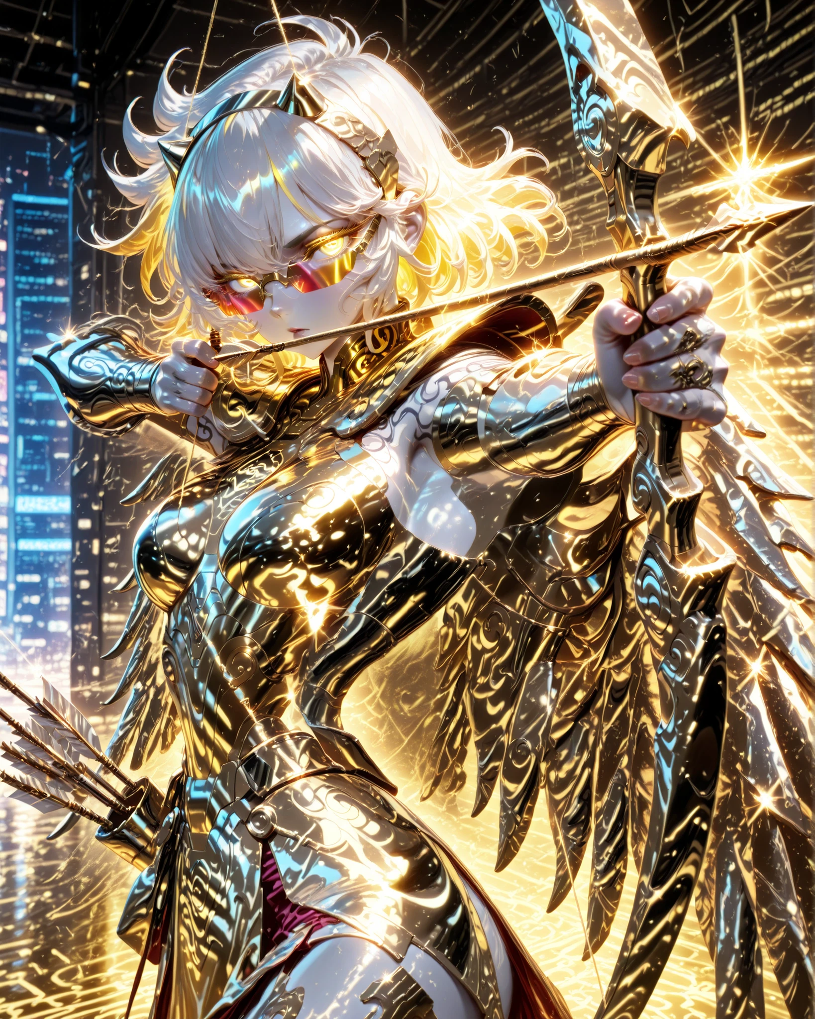 drawing bow (weapon), aiming at viewer, arrow (projectile), bow (weapon), holding bow (weapon), aiming, side angle, (masterpiece, 4k, ultra detailed, vivid colors), {1woman}: (a beautiful and attractive woman, white skin, short white hair with yellow highlights, iris-less eyes completely bright yellow, wearing cyberpunk-style glasses, wearing golden armor inspired by the anime Saint Seiya, but in a very revealing and sexy way, with wings, jumping in the air in a dynamic action pose, in a position like an archer, arm extended wielding a golden bow with one hand and pulling the bowstring with three arrows with the other hand at chest height, determined look), solo, a beautiful atmosphere that references the zodiac sign, perfect lighting creating shadows