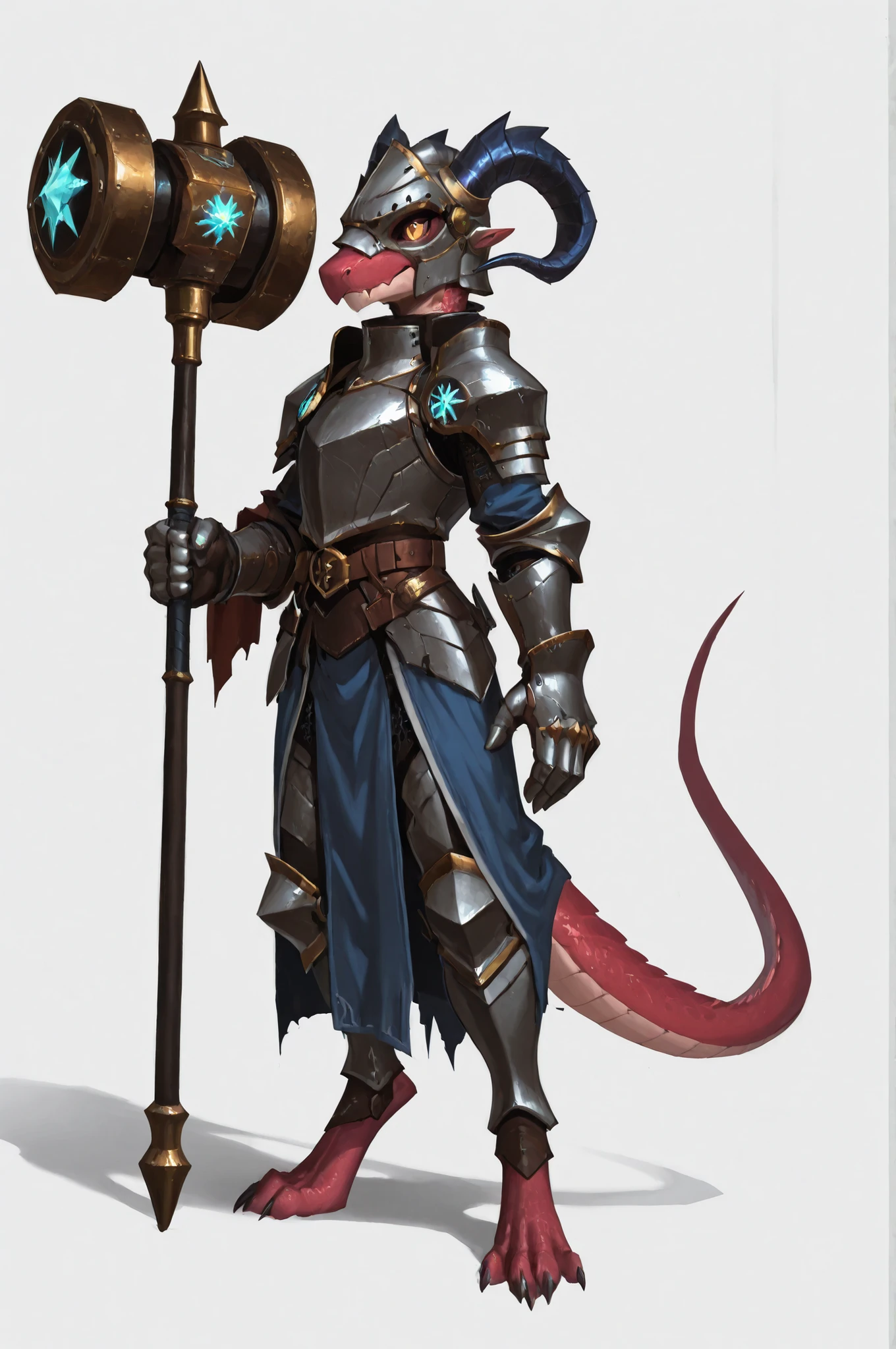 WarlockMaster, winged helmet, helm, pauldrons, shoulder armor, armor, full armor, cape, gauntlets, brown belt,pointed ears, long draconic snout, lean physique, kobold, blue scales, great gray horns, highly detailed, best quality, holding great iron hammer