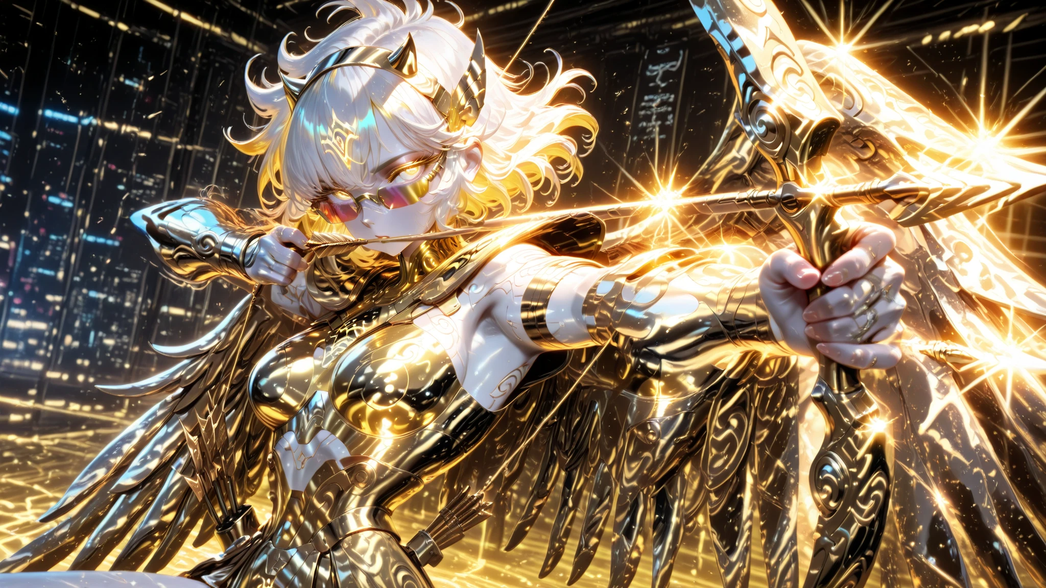 drawing bow (weapon), aiming at viewer, arrow (projectile), bow (weapon), holding bow (weapon), aiming, side angle, (masterpiece, 4k, ultra detailed, vivid colors), {1woman}: (a beautiful and attractive woman, white skin, short white hair with yellow highlights, iris-less eyes completely bright yellow, wearing cyberpunk-style glasses, wearing golden armor inspired by the anime Saint Seiya, but in a very revealing and sexy way, with wings, jumping in the air in a dynamic action pose, in a position like an archer, arm extended wielding a golden bow with one hand and pulling the bowstring with three arrows with the other hand at chest height, determined look), solo, a beautiful atmosphere that references the zodiac sign, perfect lighting creating shadows