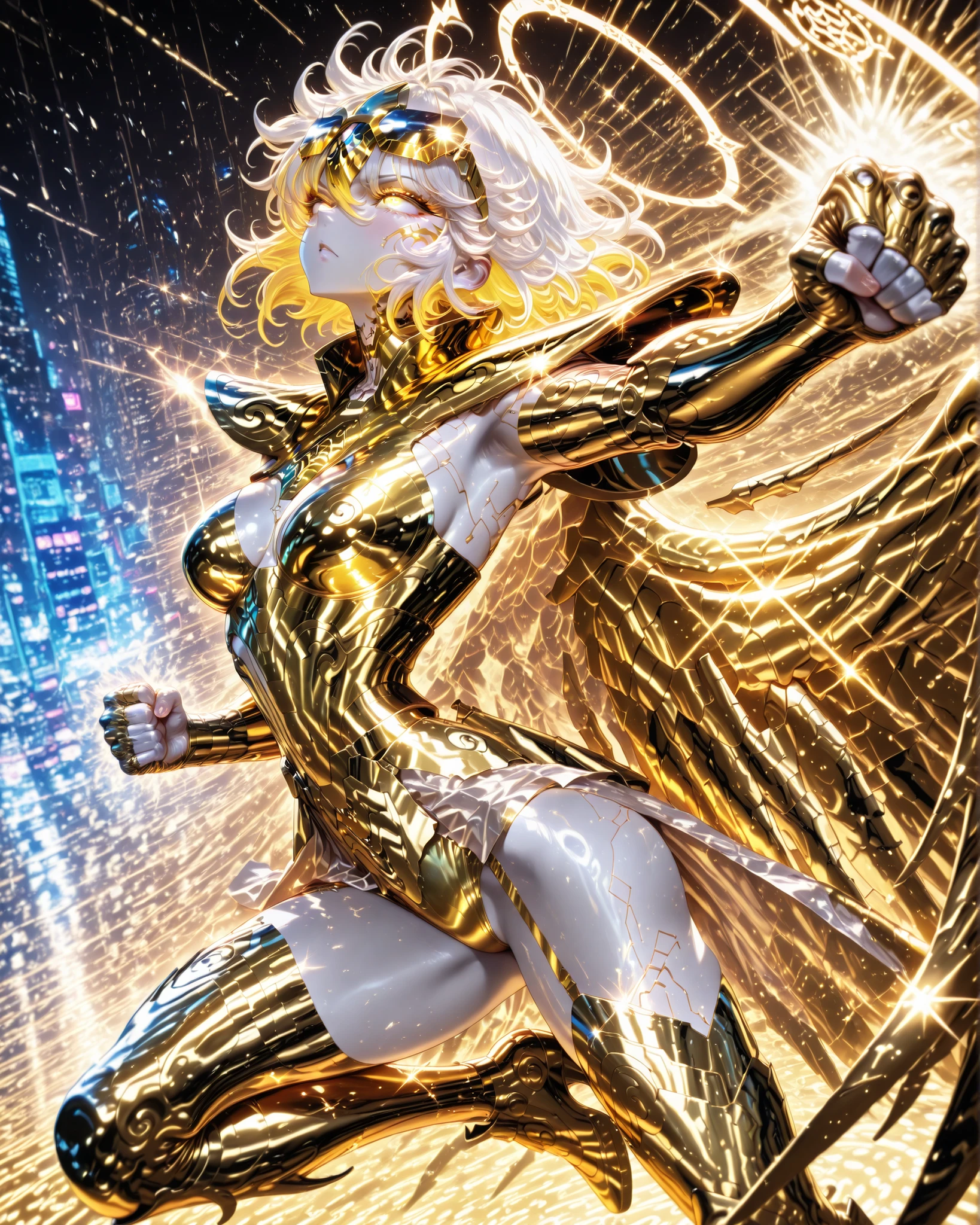 side angle, (masterpiece, 4k, ultra detailed, vivid colors), {1woman}: (a beautiful and attractive woman, white skin, short white hair with yellow highlights, iris-less eyes completely bright yellow, wearing cyberpunk style glasses, wearing golden armor inspired by the anime Saint Seiya, but in a very revealing and sexy way, with wings, jumping in the air in a dynamic action pose, punching, closed fists, determined look), solo, a beautiful atmosphere that references the zodiac sign, perfect lighting creating shadows