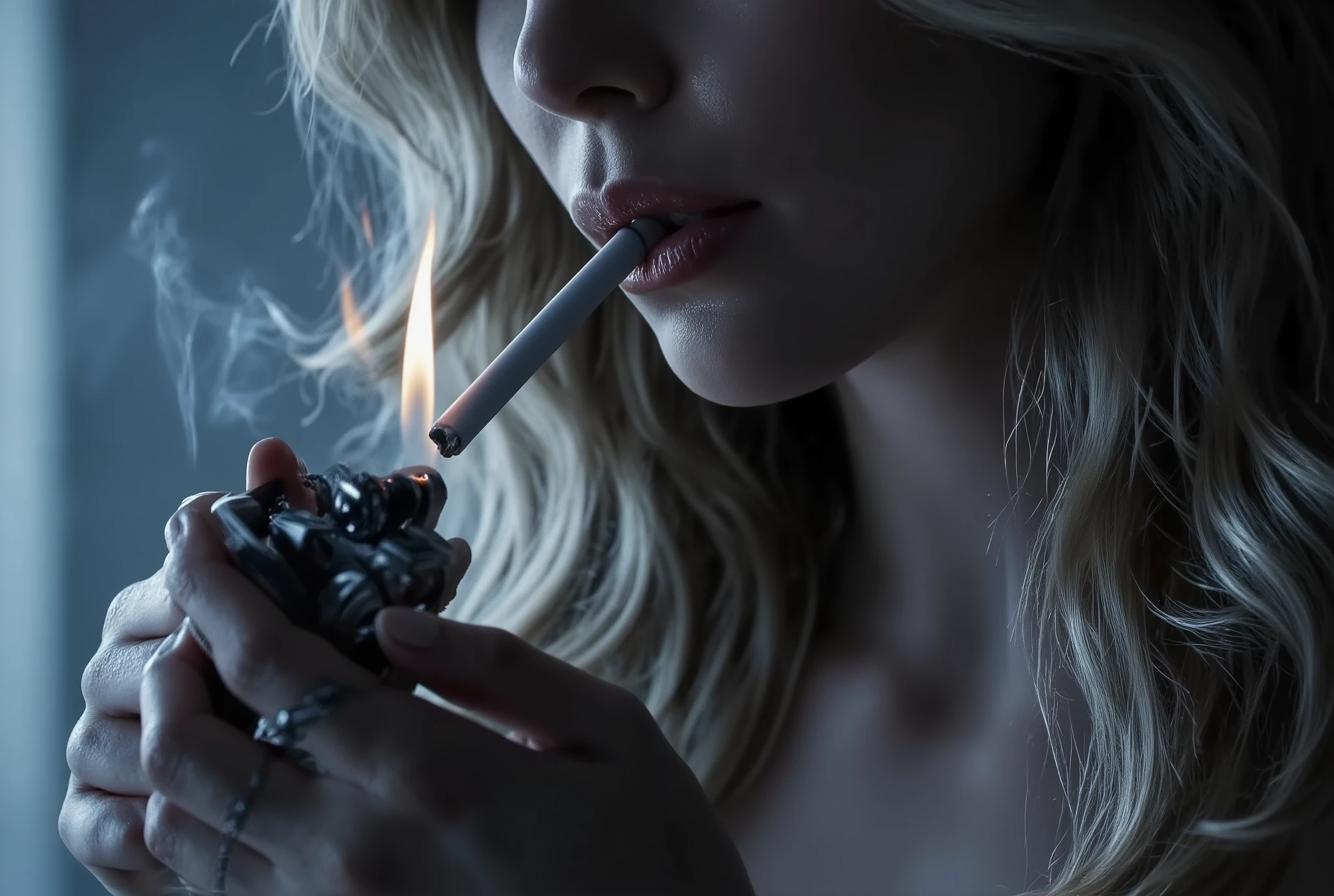 A cinematic close-up of a woman lighting a cigarette in a dimly lit room. The scene is bathed in cold blue tones, creating a moody and atmospheric feel. The focus is on her hands and the cigarette as the flame from a metallic lighter flickers softly, illuminating her fingertips and the cigarette’s tip. Subtle smoke begins to rise, and her lips are slightly parted as she brings the cigarette close. The background is blurred with soft shadows, emphasizing the intimate, noir-like composition. The lighting is low and cool, evoking a tense and introspective mood, captured with shallow depth of field and high cinematic realism.