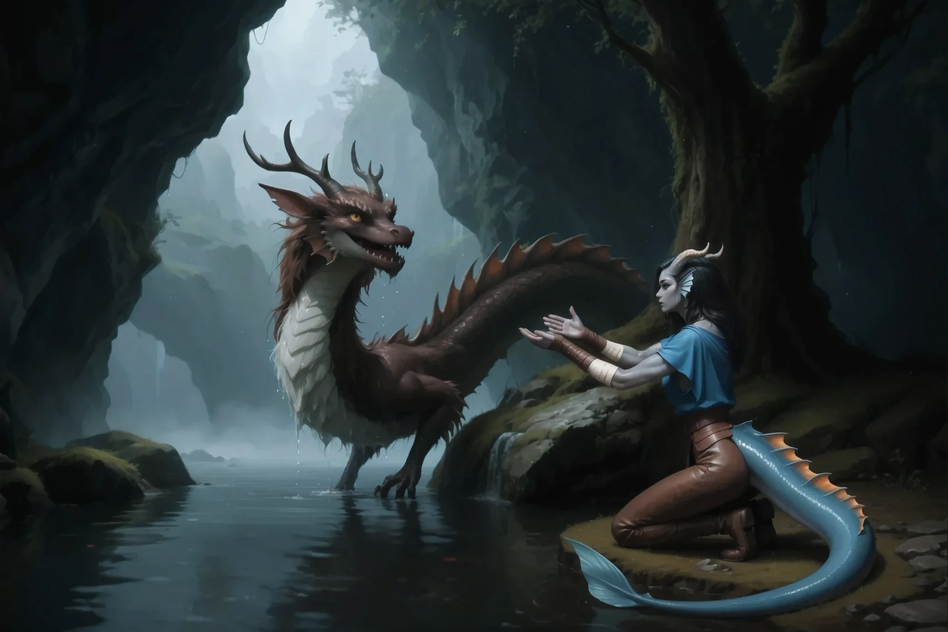 best quality, Ultra-detailed, Highest resolution 8K, The cinematic emotional static frame, 8K UHD, extremely detailed, physical visualization, masterpiece,
In the foreground, Kedra, dark blue-gray skin , brown leather medieval pants, fins on the head, horns, in profile , reaches out to the creature with his hands, , loose black hair , hand bandages, ( Best hands ), ( 5 fingers), , the tail spreads across the ground into the water.
Peeks out curiously from a huge, wet dark stone covered with moss. very long body. In the cave grotto, on a large high island, in the shade of a sprawling tree and stones, a large wet meadow and grass and brown dark earth, in the middle of clear water, a mystical creature covered in hair like a dragon with short deer horns and fins on its head looks out from behind the stones, kind dragon eyes, a bright whitish belly and a brownish body and dark back. A long winding shaggy body. A slightly half-open mouth. Thin front legs climb a rock. A very long and very thin twisted neck, a curious look, a twisted thin neck covered with uniform villi and bright hair. very fluffy, long shiny coat. Looks away with curiosity.
Light falls from a narrow gap at the top of the cave and gives long soft shadows. The light highlights the dust in the air. Dark frame, darkrain,
A light mist spreads across the water in the distance. Light gives long shadows.