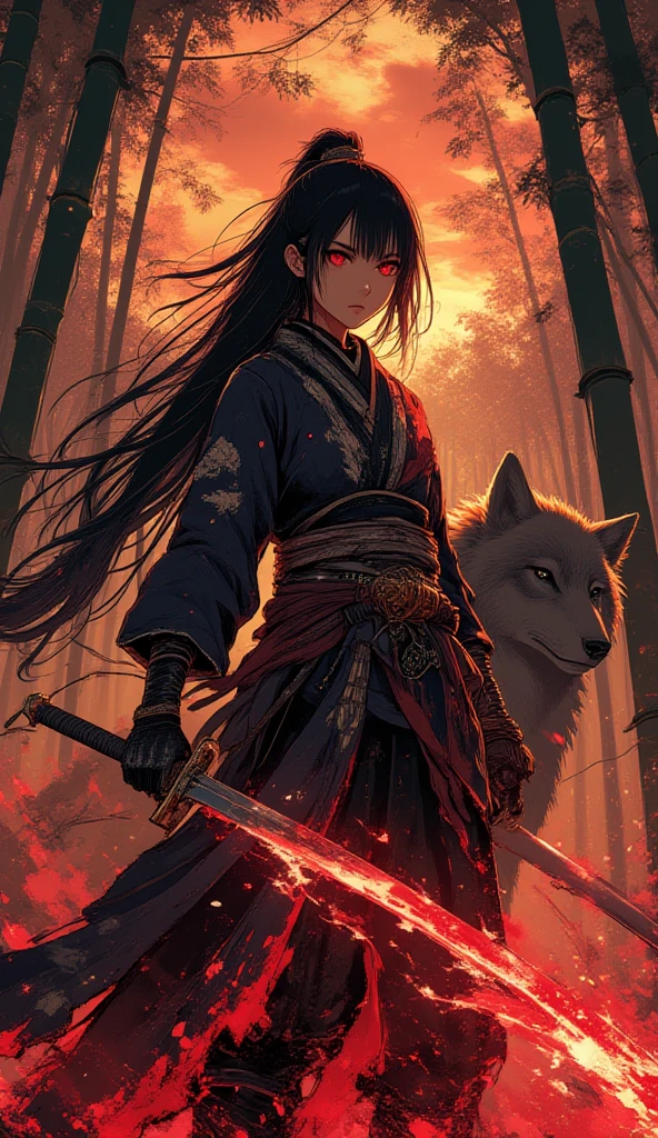 Masterpiece, Anatómicamente correcto, high resolution , The Best Quality , tall details , Japanese female priestess with very long black hair , with , her upper attire is very low cut . She wears a golden katana clutched with both hands . Next to her a very large Kurama fox with 9 tails the stage is the huge gate of a Japanese temple in a forest (8k octane, C4D, Hyperrealism, )