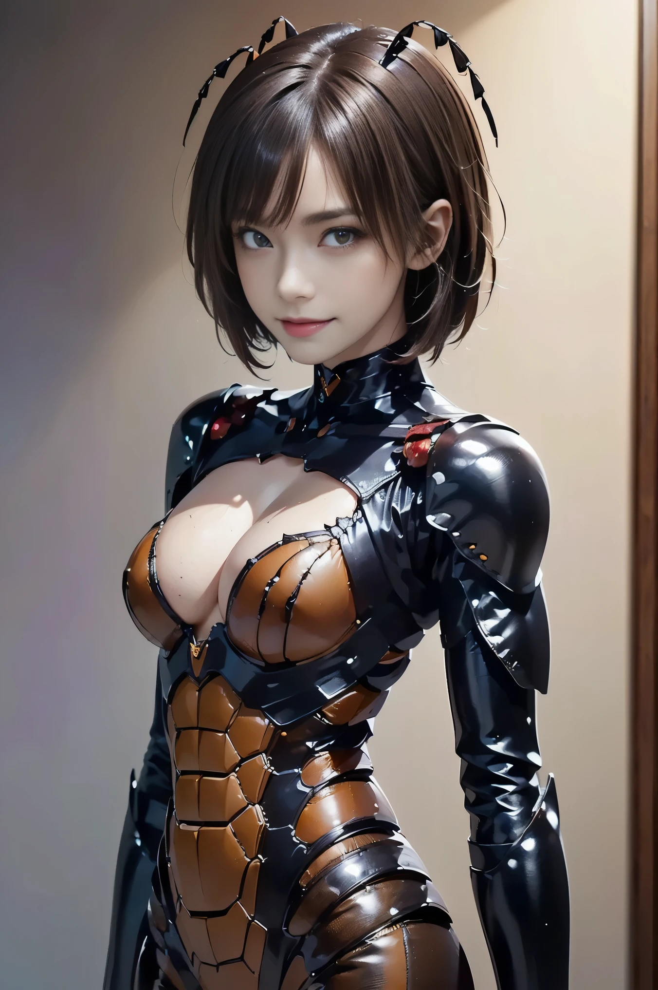 (high resolution,masterpiece,best quality,extremely detailed CG, anime, official art:1.4), realistic, photo, amazing fine details, all intricate, gloss and shiny,awesome many layers, 8k wall paper, 3d, sketch, kawaii, illustration,( solo:1.4), perfect female proportion,villainess, (fusion of dark brown cockroach and lady:1.4), (brown cockroach form lady:1.2), (brown cockroach lady:1.2), (fusion:1.2), (solo:1.4), (evil smile:1.2), muscular, abs, (cockroach brown exoskeleton bio insect suit:1.4), (cockroach brown exoskeleton bio insect armor:1.2), (brown transparency cockroach wing:1.4), (brown cockroach antennae:1.3),