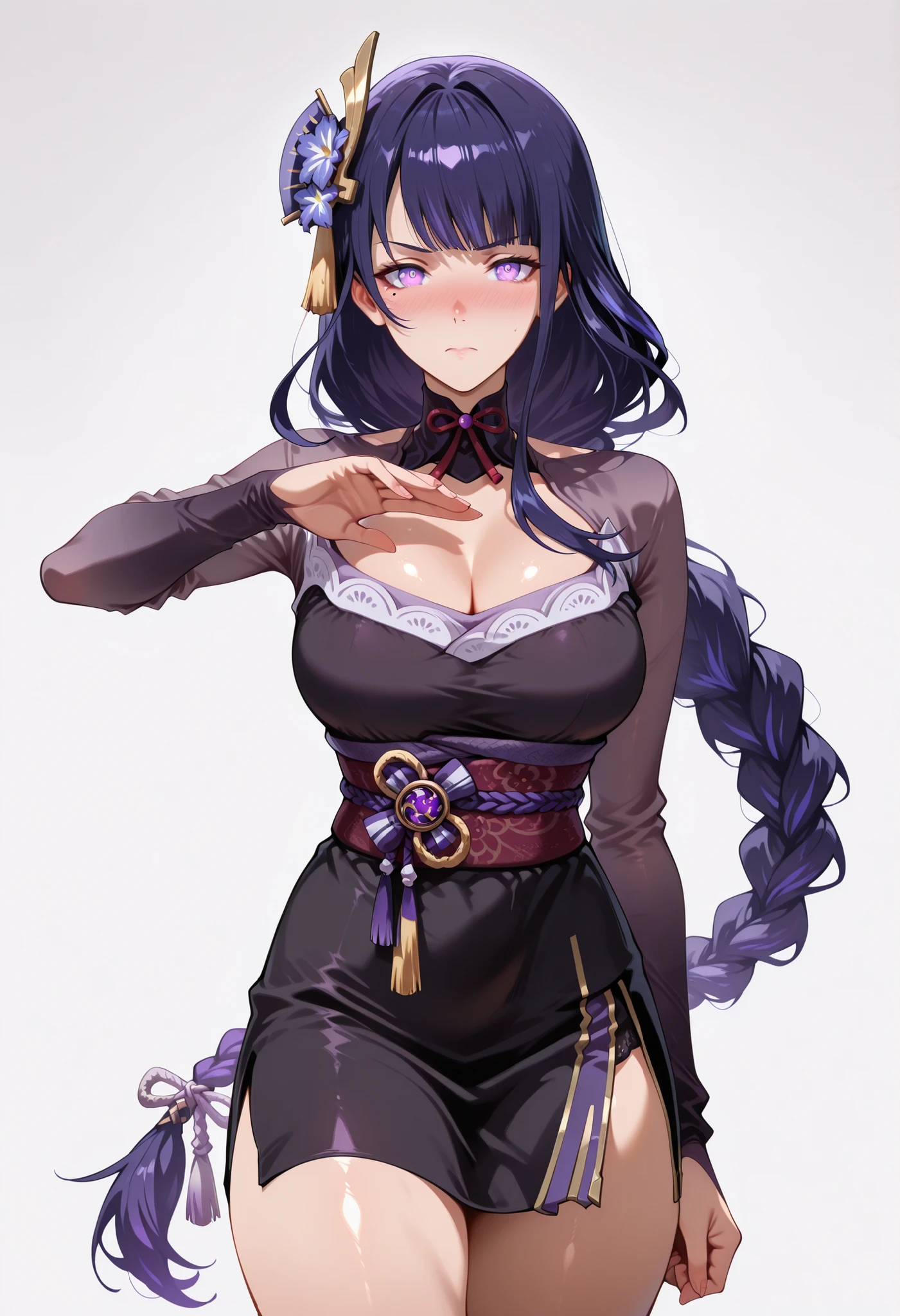 score_9, score_8_up, score_7_up, source_anime,
raidenshogun,
raiden shogun, braid, braided ponytail, hair flower, hair ornament, long hair, mole, mole under eye, purple eyes, purple flower, purple hair, single braid, sidelocks,
looking at viewer, looking at viewer, nice legs, legs, standing, solo, female, shiny skin, shiny hair, shiny body, clear body,,, digital illustration, cowboy shot ,,,, ,,, , ,,, large BREASTS, , looking at viewer, NOSE BLUSH,,, shiny skin, shiny hair, shiny body, clear body, , solo, STANDING, POSING, thick thighs, thighs, solo, standing, POSING, DYNAMIC POSE, WHITE BACKGROUND, EMPTY BACKGROUND, cutout<lora:catcutout:1> black dress , thighs , dress