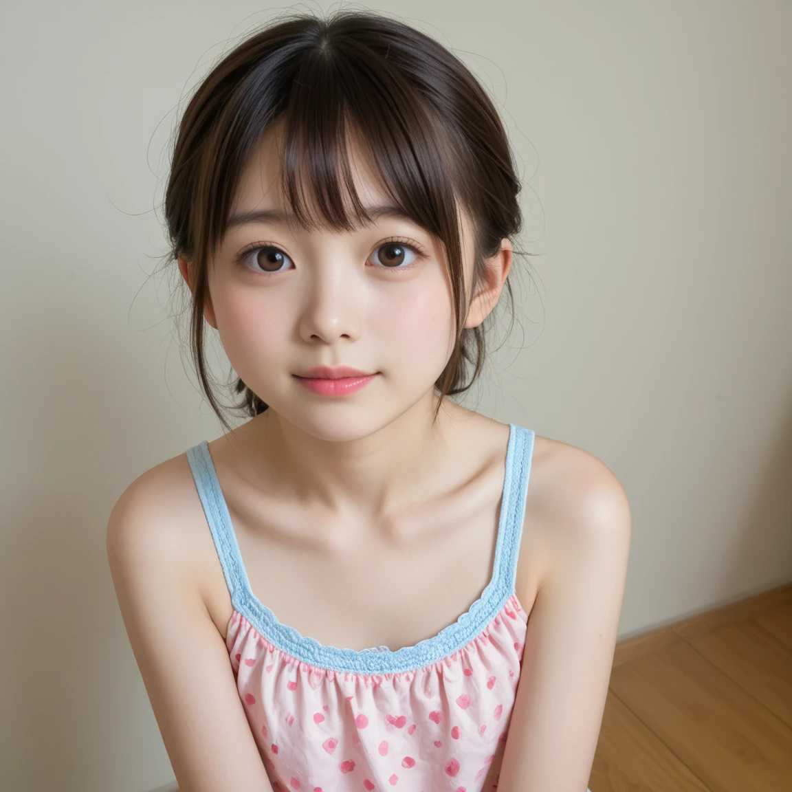 Japanese,6 years old,Baby Face、Ultra-flat 、Ultra short height、An innocent smile、Flat  close up、Unrealistic flat :1.85、cute,Primary school students,Pink camisole、So small and so young